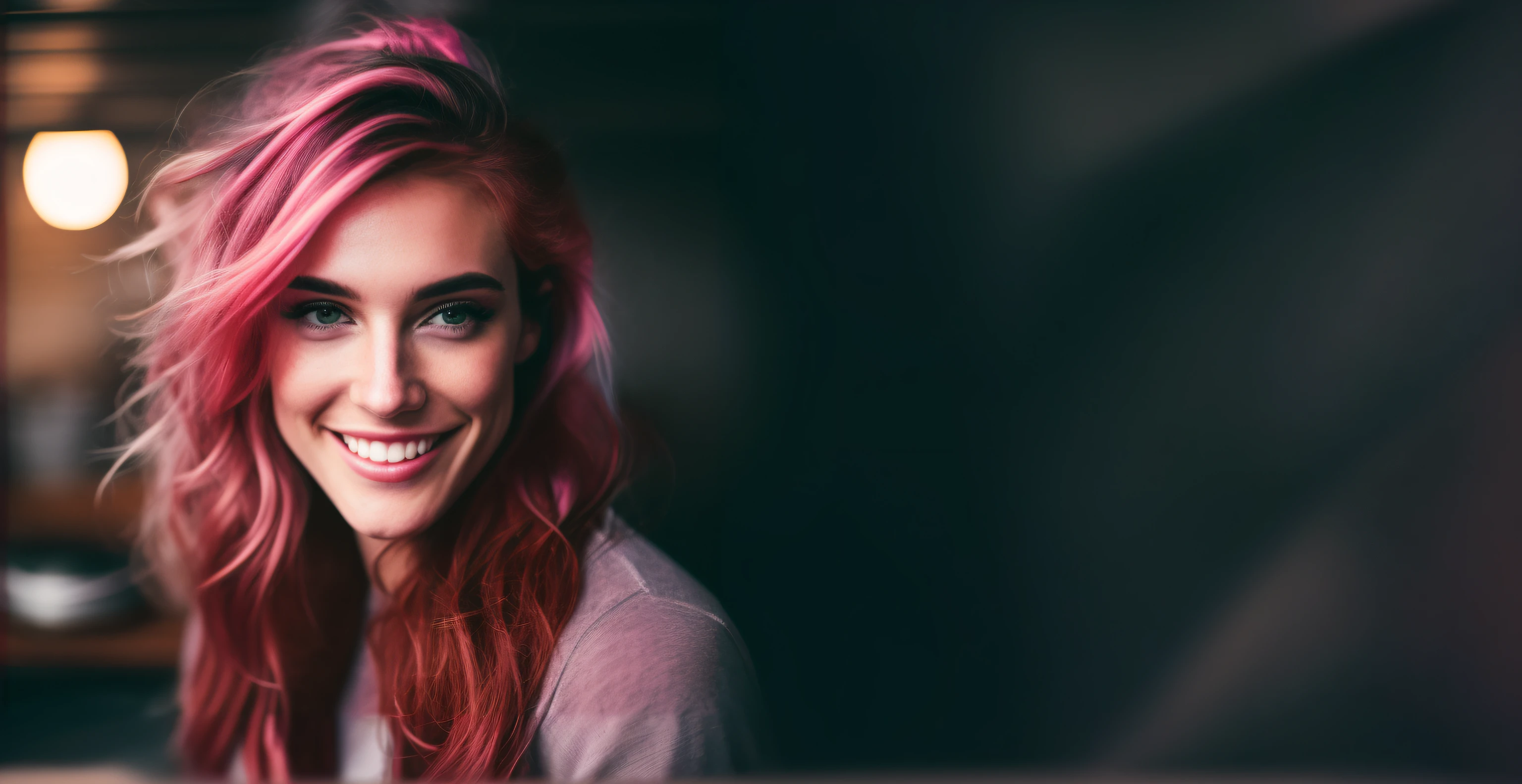 Uma Mulher sorridente com cabelo rosa e olhos azuis em um quarto escuro, com cabelo rosa, cabelo rosa wispy, flowing pink hair, cabelo rosa, retrato colorido, rosto rosa brilhante, bonito com cabelo rosa, red hair and attractive features, long flowing pink hair, Cabelos brilhantes, bonito e sorridente, cabelo rosa claro, cabelo rosa claro com chamas cor-de-rosa, meninae-rosa, uma melher