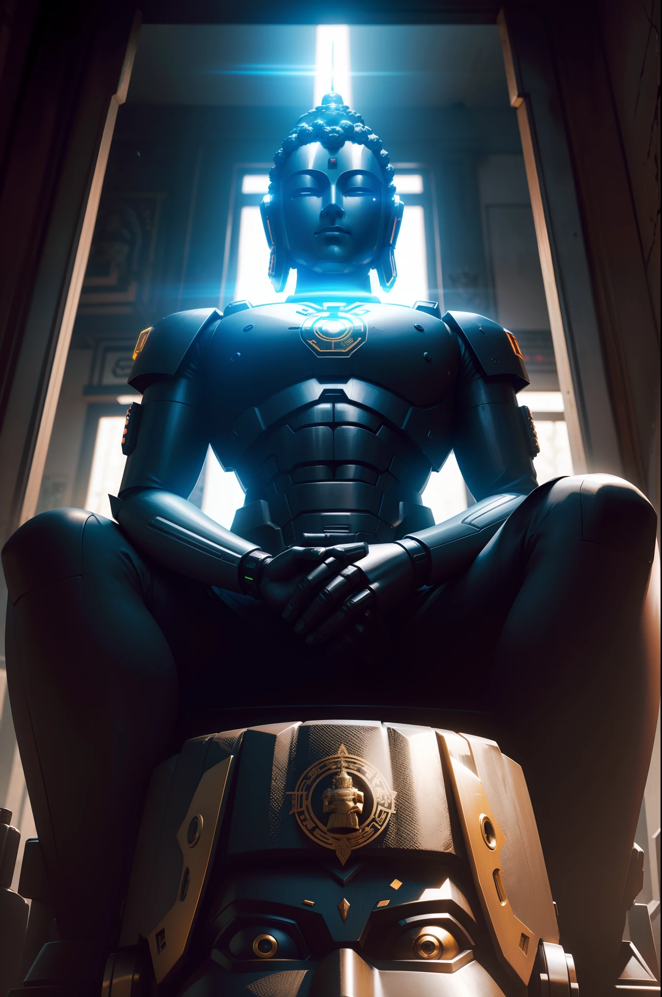 Mecha-style Buddha statue,There is a halo behind it,Black body,mechs,Male humanoid robot in a cyberpunk temple,