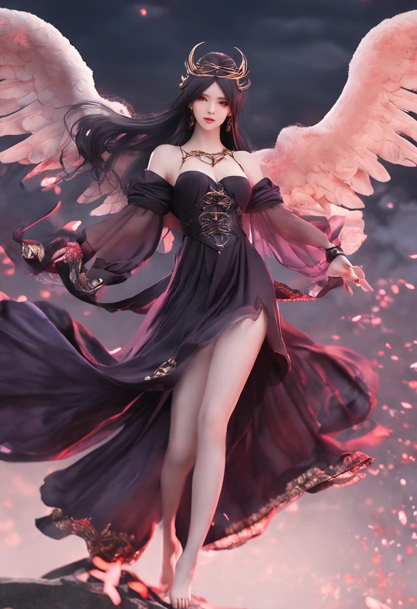 The figure of a seductive girl、Cute girl figure、Realistic Young Gravure Idol、pretty face with arms and legs、Norse goddesses、photo of slim girl model、European Girl、black classical dress、Wings of a Black Angel、Wet black-purple long straight hair、pale skin、Red Eyes、Selfie style