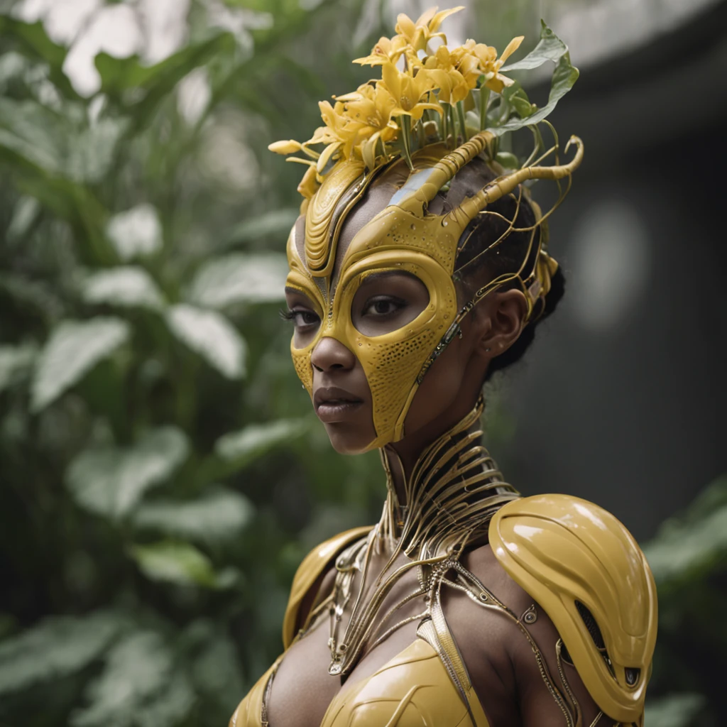 (professional 3d render:1.3) af (Realistic:1.3) most beautiful artwork photo in the world,african woman wearing a mask and yellow ridged and contoured organic costume with glass dome visor, organic surrounding flowers and plants, movie still of the alien girl in glamor pose holding exquisite engraved weapon, alien woman, as a futuristic heroine, vespertine, futuristic clothing and glass, movie still, fashionable futuristic woman, iris van herpen rankin, female alien, alien girl, of a futuristic woman selk'nam. avante garde design stylings inspired by curves(Intricate:1.4), decadent, (Highly detailed:1.4), Digital painting, rendering by octane, art stations, concept-art, smooth, Sharp focus, illustration, Art germ, (loish:0.23), wlop ilya kuvshinov, and greg rutkowski and alphonse mucha gracias, (Global illumination, Studio light, volumettic light), heavy rain, particles floating, lotr, fantasy, elf, full body, ((Dark and ancient city background:1.3)),CGSesociety,art stations