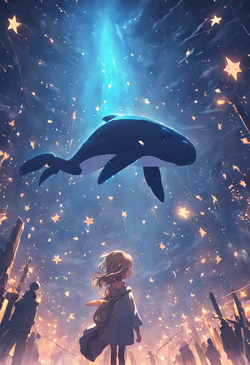 Stars shine,Huge whales float over the city,Cute and cute,KIDS ILLUSTRATION,Glow effects,Dingdall effect,depth of fields,high light,Real light,Ray traching,oc rendered,Hyper-realistic,best qualtiy,8K,Works of masters,super-fine,Detailed pubic hair,Correct anatomy,sharp focus on eyes,Bokeh,Facial features are carefully depicted