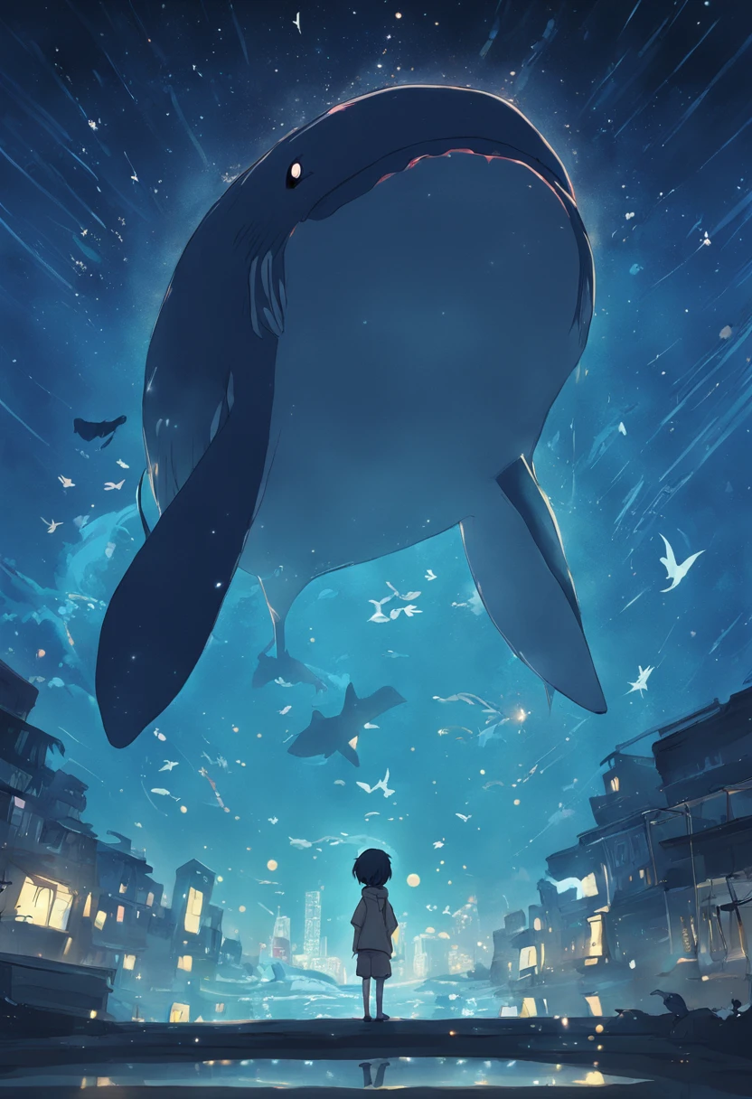 Stars shine,Huge whales float over the city,Cute and cute,KIDS ILLUSTRATION,Glow effects,Dingdall effect,depth of fields,high light,Real light,Ray traching,oc rendered,Hyper-realistic,best qualtiy,8K,Works of masters,super-fine,Detailed pubic hair,Correct anatomy,sharp focus on eyes,Bokeh,Facial features are carefully depicted
