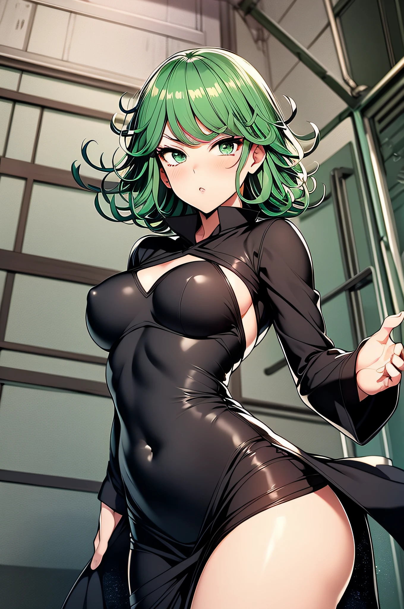 Tatsumaki, 1girl, solo, green eyes, green hair, breasts, small breasts, nipple protrusion: 2.0, curly, black dress, look at viewer, covered navel, simple background, long sleeve, dress, thighs, mouth closed, high leg, inverted hair, blush, bangs, short hair, medium hair, cowboy shot, highest quality, high resolution.