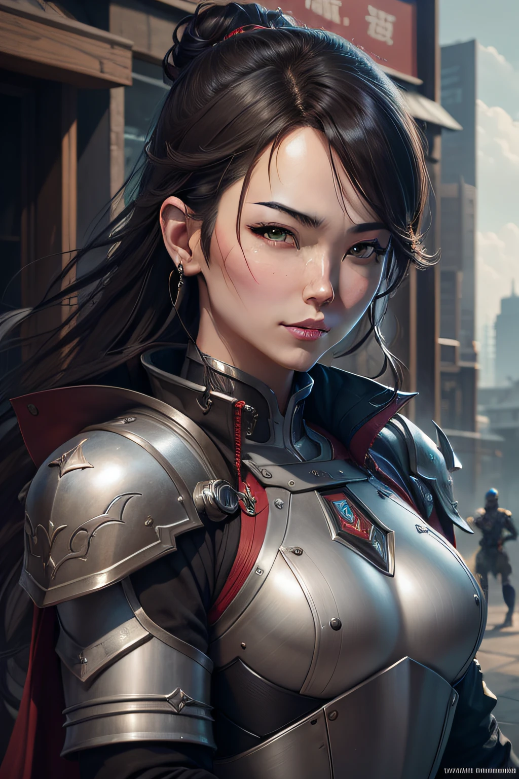 Close up portrait of a person in armor standing in front of a building, handsome guy in demon slayer art, Jets of Valorant, masayoshi suto and artgerm, Trending in art stations, heise jinyao, By Shinkai Makoto ( Apex Legends ), ross tran and bayard wu, by Yang J, chengwei pan on artstation realisitic Precision Details unrealengine