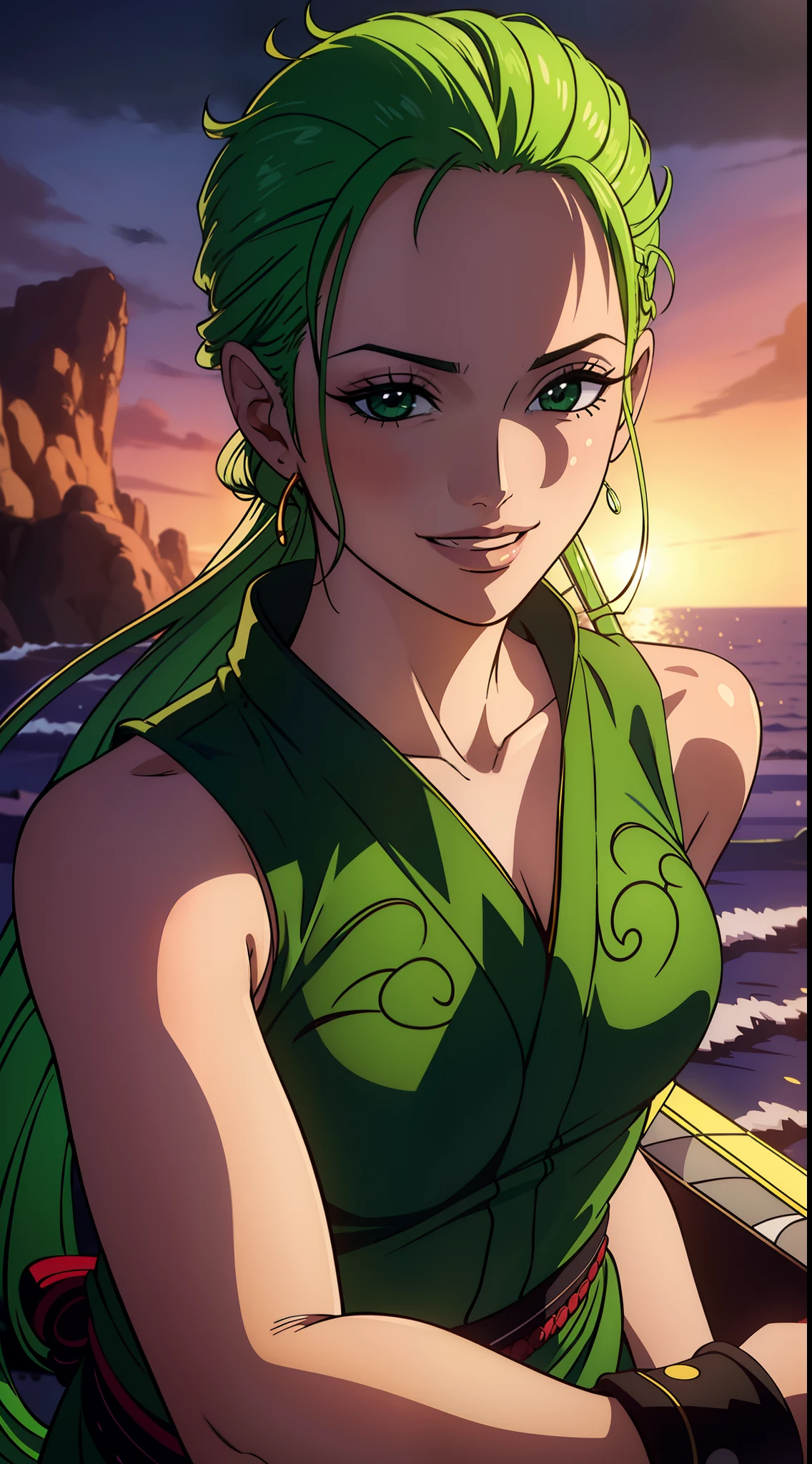 Ultra Realistic 8k CG, ((Ultra detailed background, Delicate pattern, intricate detials, Highly detailed, fine details)), Best Quality, (Photorealistic:1.4),Beautiful lighting, Roronoa Zoro, swords, One Piece, A big smile, smirk, green hair, Hot Girl, , Enma, Kamazo Hair, Shram on the chest Zoro, (The woman,), romance, the night