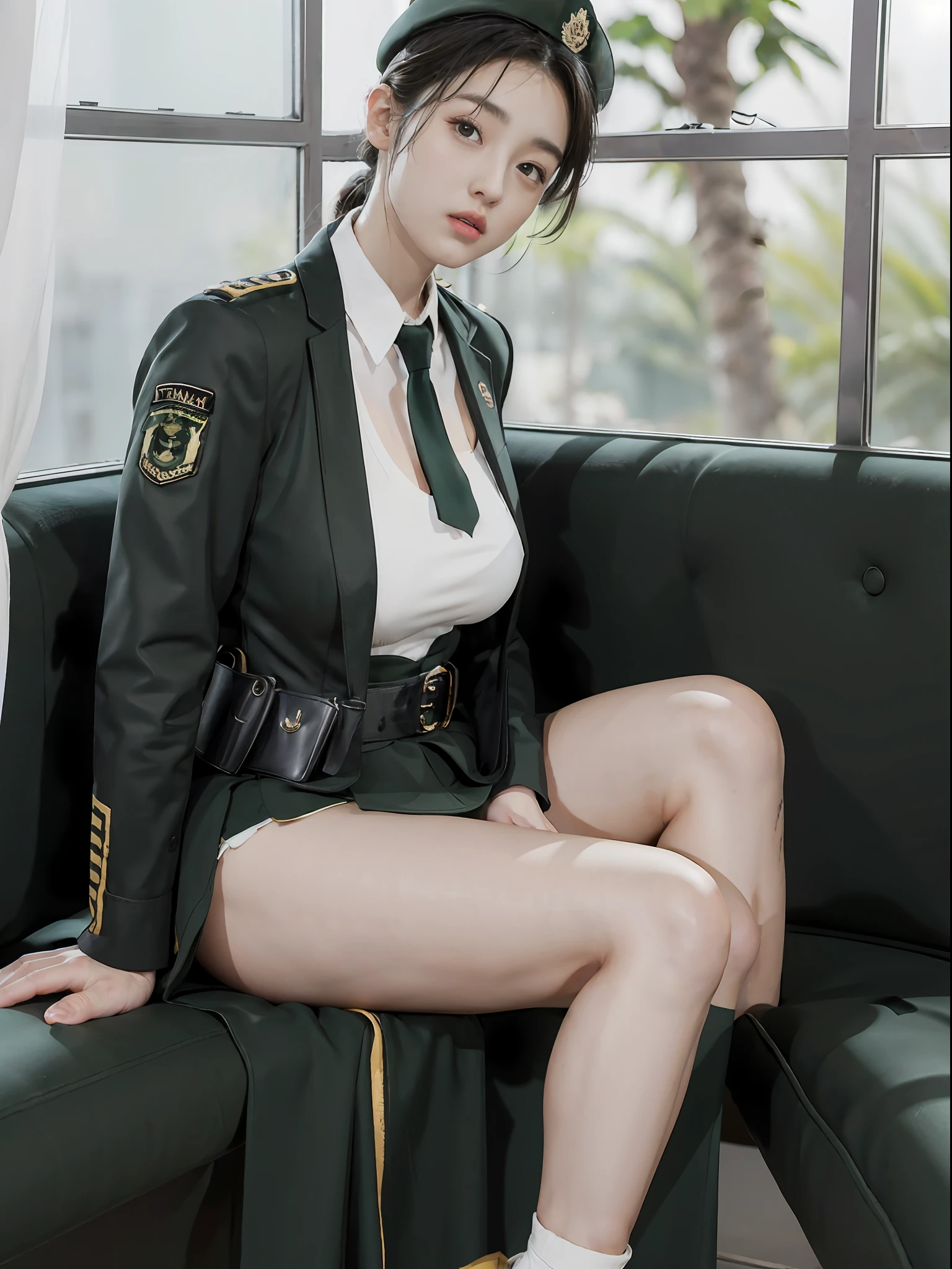 Very detailed CG unity 8K wallpaper，（tmasterpiece），（best qualtiy），（ultra - detailed），（Ultra photo realsisim），（best character detail：1.36），Nikon D750 f / 1.4 55mm，profesional lighting， physically-based renderingt, 1girll, Female soldier，army suit，Green military uniform，Long-sleeved military uniform，Fabric texture military uniform，The jacket is lined with a plain white shirt，Dark green tie，(Army green skirt)，military hat，Black hair，the golden ratio,[:(com rosto detalhado:1.2):0.2]:,PureErosFace_V1, broad shoulder,(Plump breasts:1.5),(Bigchest:1.5),(big assa:1.5)，Wide buttock ，Bare legged，Plump legs，whitestocking，without wearing shoes，Soaked with sweat，red flags，at class room，bright sun，Bright smile，White teeth，lighting，Contre-Jour，