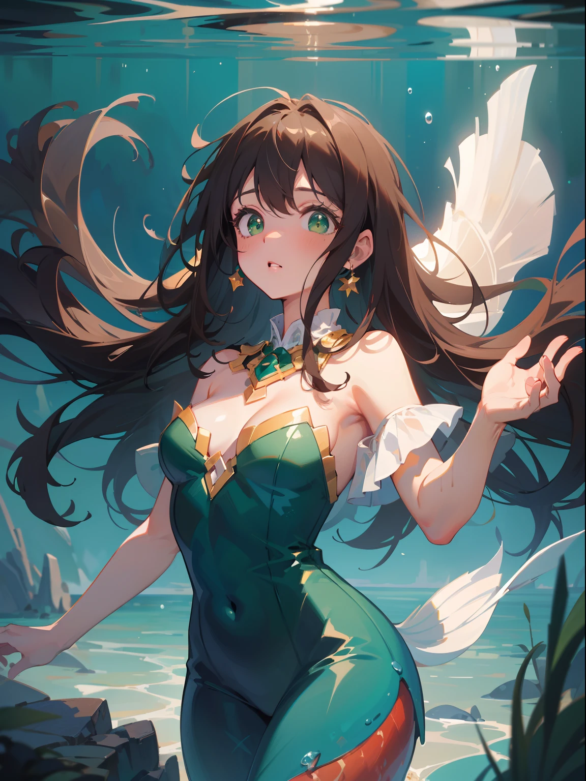 (masterpiece), (best quality), ultra high res, sharp focus, ((1 woman, solo)), beautiful detailed hair, chestnut brown hair, long hair tumbles down, beautiful detailed face, ((beautiful shape eyes, green eyes)), perfect feminine face, curious face, under water, mermaid form --style raw