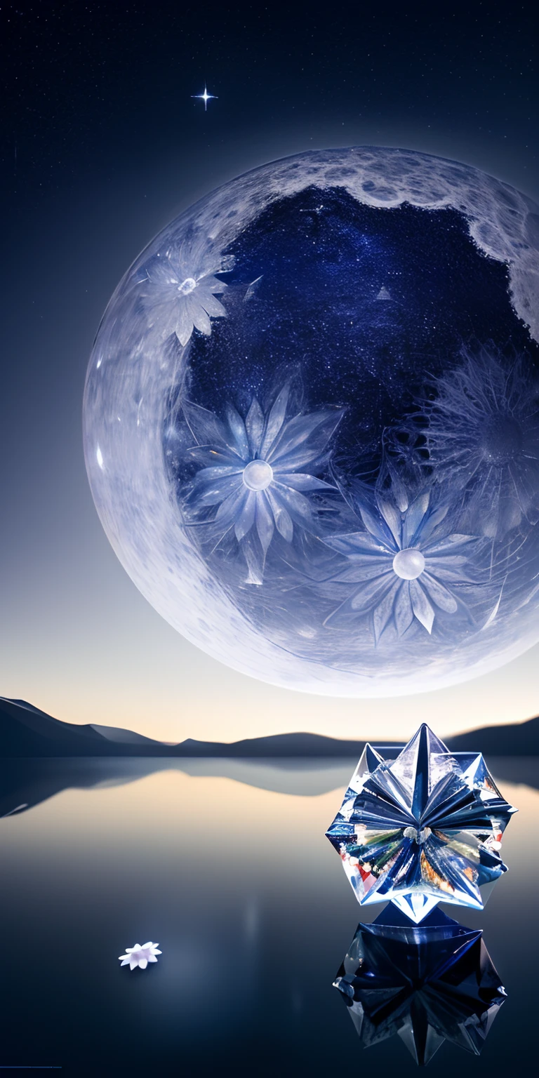 tmasterpiece, beste-Qualit, (Very detailed CG unity 8k wallpaper), (beste-Qualit), (the best illustration), (best shadows), glow sprite, (Without people:1.5), Lack of people,Night Landscape, Round Lake, It is surrounded by a forest wall of trees, (Lake, Shining with moonlight: 1.3), The sky, Full of stars, The moon hovered over the lake, (Shining threads of moonlight descend into the lake: 1.4), (A beautiful flower rises from the center of the lake:1.4 ), (Crystal flower:1.5), (Crystal petals shimmer in the moonlight:1.5), Multi-colored sparks swirl around the flower, Fantasy, Intricate, elegant, Highly detailed, Digital Painting, Artstation, Concept art, Matte, Clear Focus, illustartion. Very High Definition, Masterpiece, Amazing, Trendy ArtStation, 8K, UHd, high detail, Very high detail, Masterpiece, (particle fx) etc. D.........3d , Octane ренDеринг, ray traced, superdetail