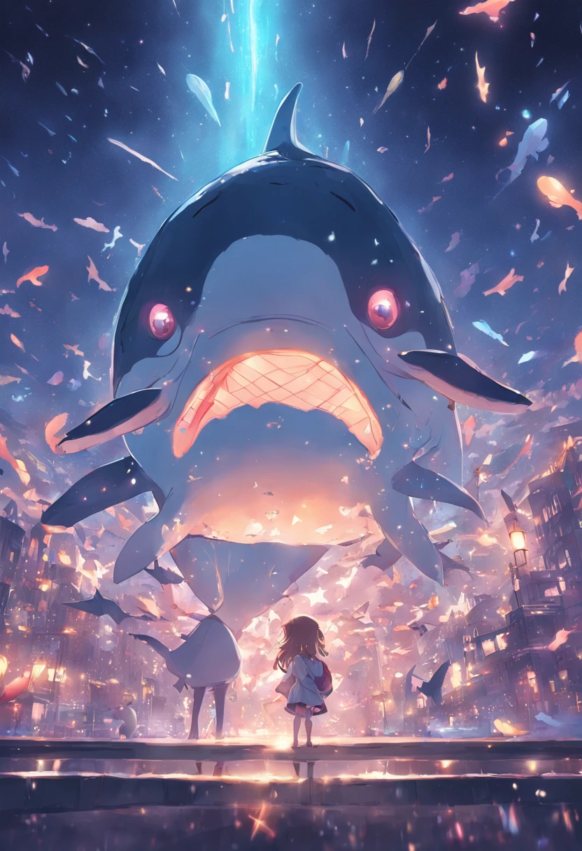 Stars shine,Colorful,Huge whales float over the city,Cute and cute,KIDS ILLUSTRATION,Glow effects,Dingdall effect,depth of fields,high light,Real light,Ray traching,oc rendered,Hyper-realistic,best qualtiy,8K,Works of masters,super-fine,Detailed pubic hair,Correct anatomy,sharp focus on eyes,Bokeh,Facial features are carefully depicted