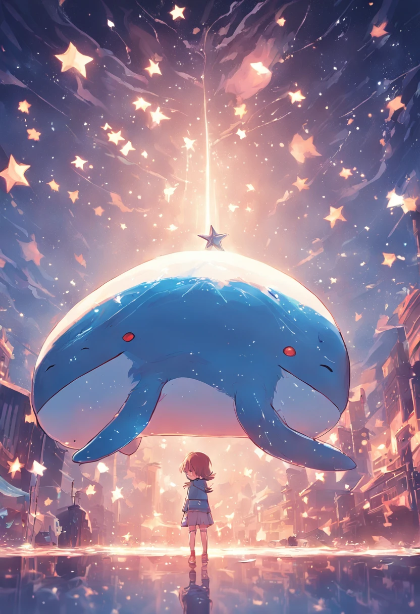 Stars shine，Colorful，Huge whales float over the city，Cute and cute，KIDS ILLUSTRATION，Glow effects，Dingdall effect，depth of fields，high light，Real light，Ray traching，oc rendered，Hyper-realistic，best qualtiy，8K，Works of masters，super-fine，Detailed pubic hair，Correct anatomy，sharp focus on eyes，Bokeh，Facial features are carefully depicted