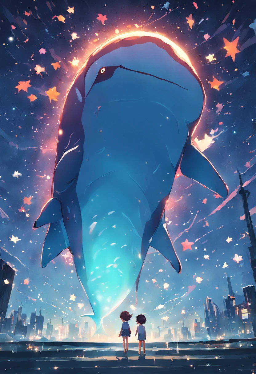 Stars shine,Colorful,Huge whales float over the city,Cute and cute,KIDS ILLUSTRATION,Glow effects,Dingdall effect,depth of fields,high light,Real light,Ray traching,oc rendered,Hyper-realistic,best qualtiy,8K,Works of masters,super-fine,Detailed pubic hair,Correct anatomy,sharp focus on eyes,Bokeh,Facial features are carefully depicted