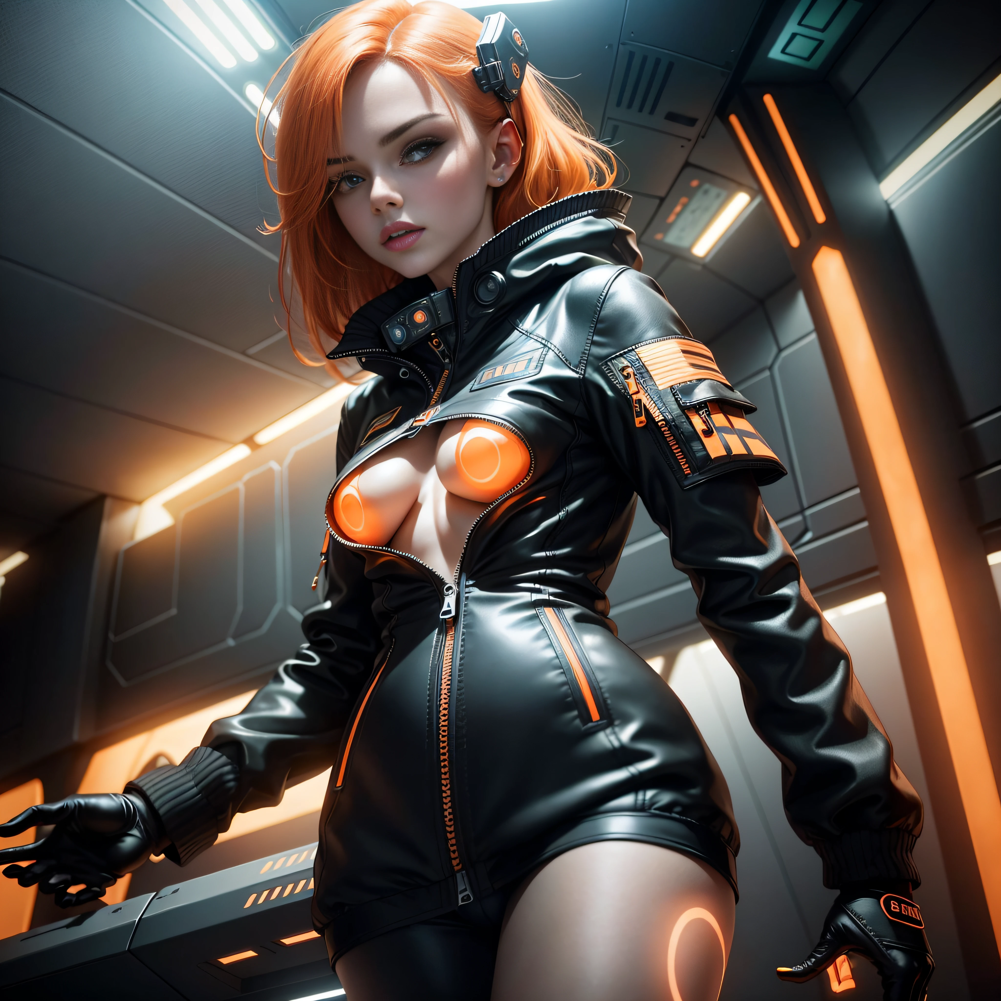 Simpatic German woman (black jacket:1.3), a bra, orange hair, space tent, smal neon spot lights, zippers, (open zipper:1.1), (orange pents), (erotic:1.2), (sexy:1.3), (spaceship:1.5), small command room, circle neon light, best quality, super fine photo, sunlight, full-body portrait, dynamic pose, delicate face, vibrant eyes, detailed face, stars background, realistic skin details, visible pores, seen from below, translucent, sensual, lascivious, submissive, dominant, (sexual:1.2), sexy, romantic, film grain, Cinematic Light, sidelighting,