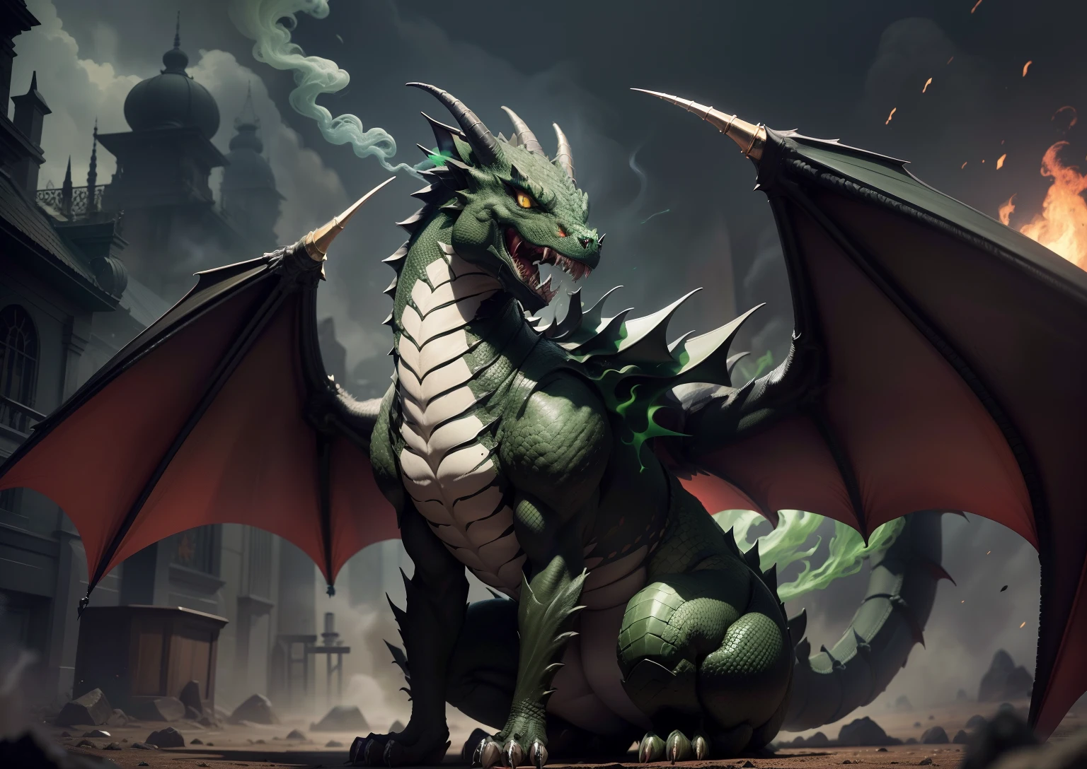 1Black dragon,adicionar veneno na boca, adicionar armadura prata, adicionar asas grandes, dentes afiados, Two paws on the ground, dragon's head, veneno verde, demonio, veneno verde, green smoke, vapor verde