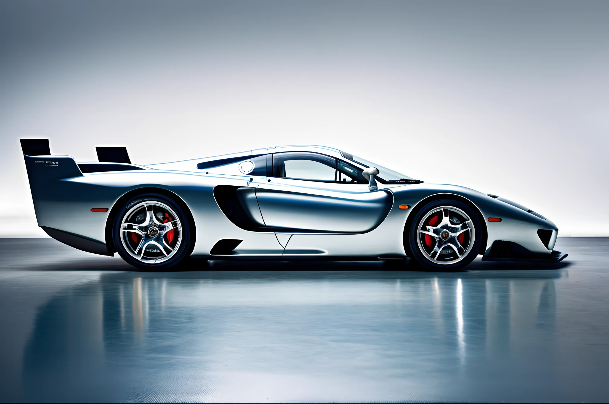 A close-up of a silver sports car on a circular surface, Vista completa de un coche deportivo, ultra ancho, The ugliest car in the world, Deportivo, Pininfarina, with sleek lines and a powerful, Superdeportivo, Speedster, GTR XU1, Deportivo, super ancho, automotive photography, Prototipo de coche, saleen s7, Coche deportivo