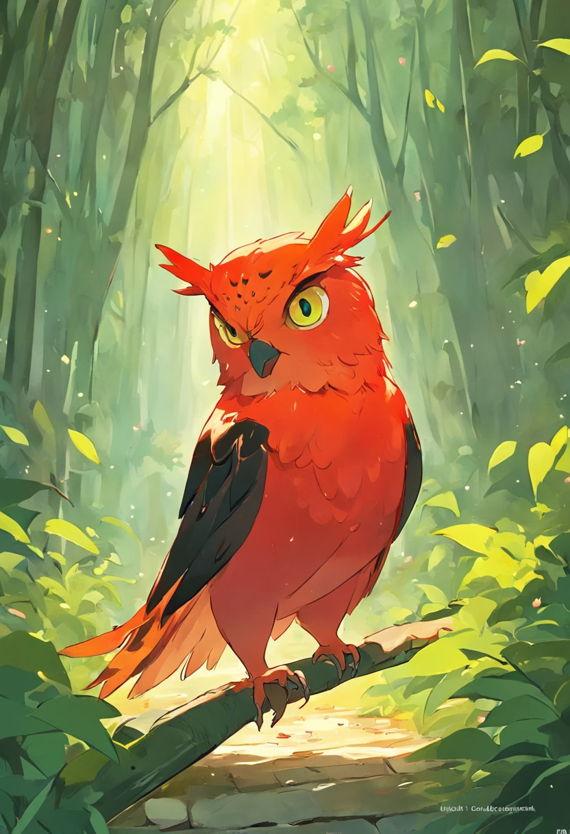 There is a red bird sitting on a branch with a green background, rare bird in the jungle, red bird, Fiery bird, muitas vezes descrito como flame-like, colored birds, avian, cor vermelha e laranja, cores brilhantes, colorful bird with a long, plumagem colorida, esmeralda escarlate, olhar inocente. ricas cores vivas, Cor vermelha, rich coloration, very colorful are standing on a path in the forest with flowers, painting digital adorable, Corujas, arte digital detalhada bonito, cute storybook illustration, loish e wlop, Corujas incandescentes, Directed by: Caroline Chariot-Dayez, owl studio and j.Dickenson, the wisest of all owls, Arte infantil em Artstation, Wlop e Ross Thran