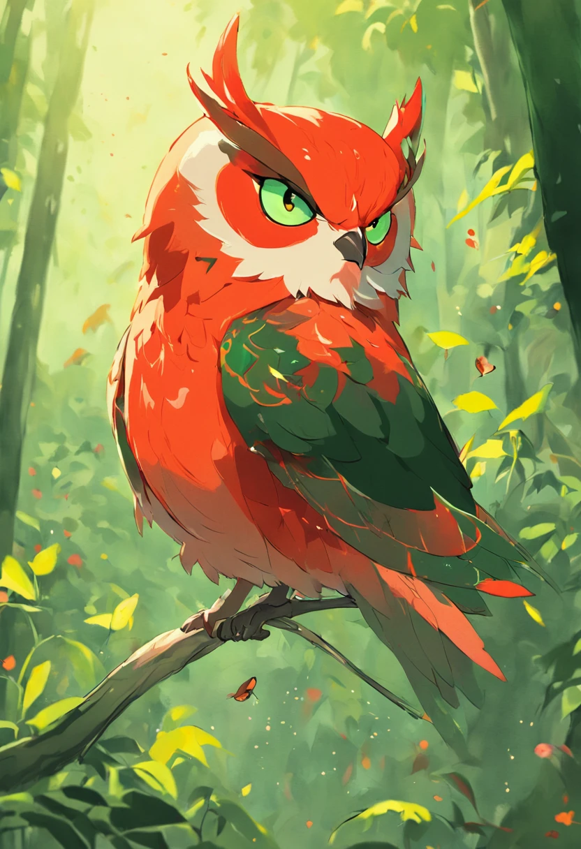 There is a red bird sitting on a branch with a green background, rare bird in the jungle, red bird, Fiery bird, muitas vezes descrito como flame-like, colored birds, avian, cor vermelha e laranja, cores brilhantes, colorful bird with a long, plumagem colorida, esmeralda escarlate, olhar inocente. ricas cores vivas, Cor vermelha, rich coloration, very colorful are standing on a path in the forest with flowers, painting digital adorable, Corujas, arte digital detalhada bonito, cute storybook illustration, loish e wlop, Corujas incandescentes, Directed by: Caroline Chariot-Dayez, owl studio and j.Dickenson, the wisest of all owls, Arte infantil em Artstation, Wlop e Ross Thran