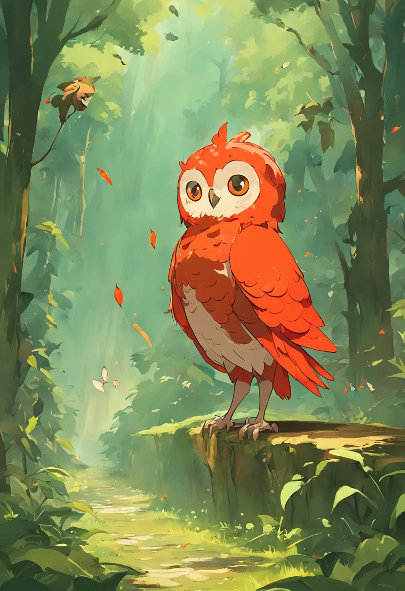 There is a red bird sitting on a branch with a green background, rare bird in the jungle, red bird, Fiery bird, muitas vezes descrito como flame-like, colored birds, avian, cor vermelha e laranja, cores brilhantes, colorful bird with a long, plumagem colorida, esmeralda escarlate, olhar inocente. ricas cores vivas, Cor vermelha, rich coloration, very colorful are standing on a path in the forest with flowers, painting digital adorable, Corujas, arte digital detalhada bonito, cute storybook illustration, loish e wlop, Corujas incandescentes, Directed by: Caroline Chariot-Dayez, owl studio and j.Dickenson, the wisest of all owls, Arte infantil em Artstation, Wlop e Ross Thran