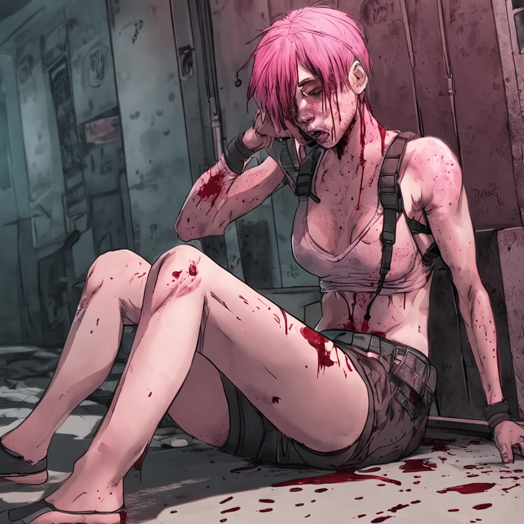 Girl with pink hair holding on to her stomach, Looking at the camera in surprise, Blood oozes from under his hands, Kneeling, blood comes from the mouth, Surprise and pain, is looking at the camera, latex tank top and shorts, bullet wound to the abdomen, Blood gushes from his mouth, and there are wounds on the abdomen, Young girl killer dies on her knees, gloomy atmosphere, Cruelty, 血, Snuff video, blood spurts from the mouth, surprise and pain on the face