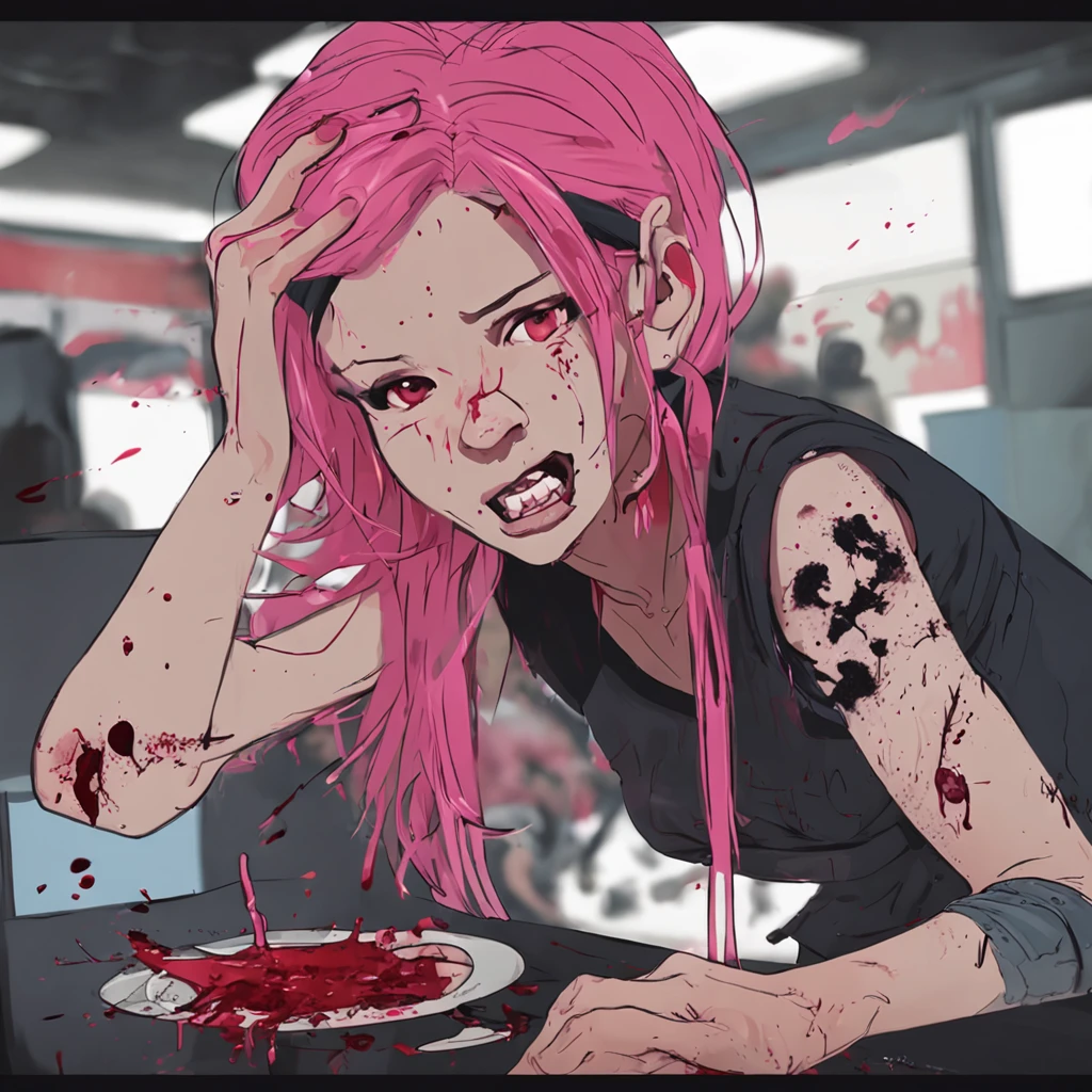 Girl with pink hair holding on to her stomach, Looking at the camera in surprise, Blood oozes from under his hands, Kneeling, blood comes from the mouth, Surprise and pain, is looking at the camera, latex tank top and shorts, bullet wound to the abdomen, Blood gushes from his mouth, and there are wounds on the abdomen, Young girl killer dies on her knees, gloomy atmosphere, Cruelty, 血, Snuff video, blood spurts from the mouth, surprise and pain on the face