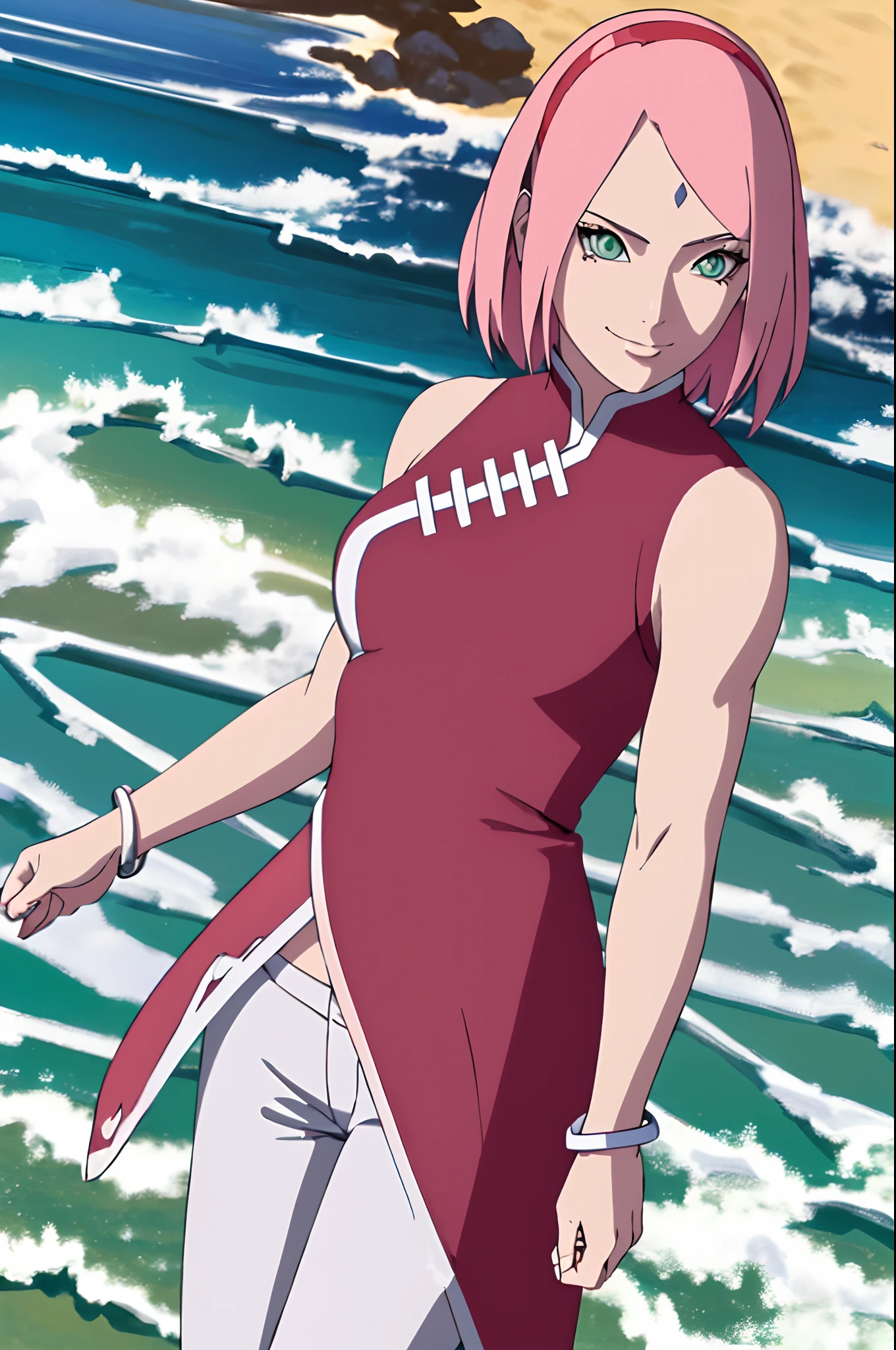 masterpiece, 1k, portrait, face shot, professional artwork, detailed beach background, intricate details, colorful, digital blending, (ultra detailed body, ultra detail hair, ultra detail face), trending on pixiv, kind smile, very hot color, best quality, anime style: 1.9, 1girl, hires, haruno sakura, contrasty lighting, (forehead mark, milf, red hairband, pale skin, short hair, ((red sleeveless dress), white pants), navel, groin, bracelet, looking at viewer, crossed arms, pink hair, green eyes, smile, beach, wind, floating hair, detailed arms, off-shoulders, slightly muscular arms, standing), sunnyday