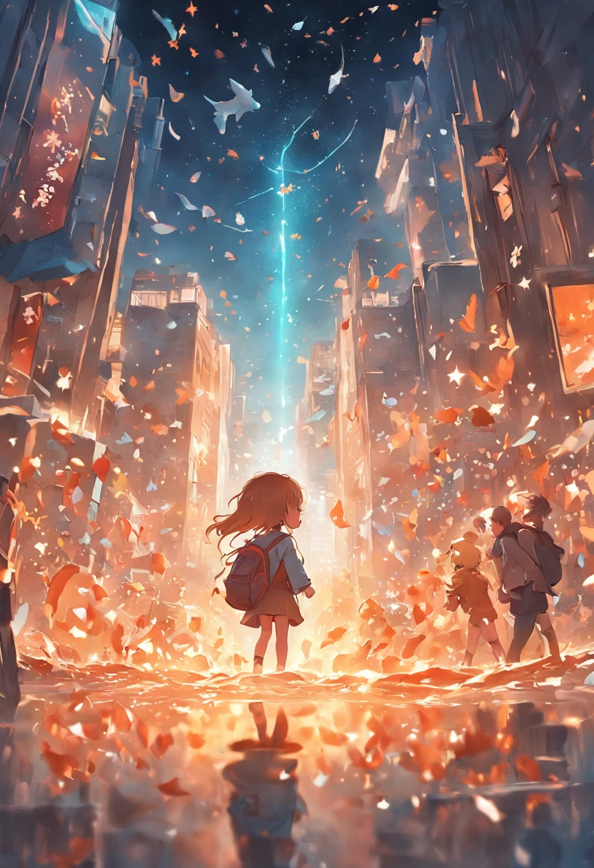 Stars shine,Colorful,Huge goldfish float over the city,Cute and cute,KIDS ILLUSTRATION,Glow effects,Dingdall effect,depth of fields,high light,Real light,Ray traching,oc rendered,Hyper-realistic,best qualtiy,8K,Works of masters,super-fine,Detailed pubic hair,Correct ???????,sharp focus on eyes,Bokeh,Facial features are carefully depicted