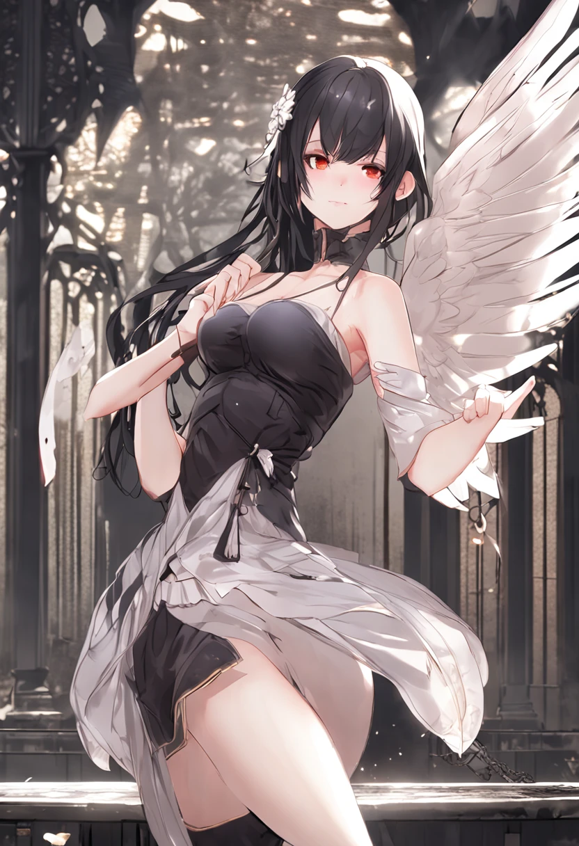 A seductive anime girl、 s、Realistic Young Gravure Idol、pretty face with arms and legs、Norse goddesses、a sexy girl、photo of slim girl model、European girl、Photorealistic perfect body、Nordic model、black classical dress、Wings of a Black Angel、Wet black-purple long straight hair、pale skin、Red Eyes、Selfie style