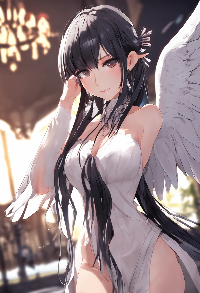 A seductive anime girl、 s、Realistic Young Gravure Idol、pretty face with arms and legs、Norse goddesses、a sexy girl、photo of slim girl model、European girl、Photorealistic perfect body、Nordic model、black classical dress、Wings of a Black Angel、Wet black-purple long straight hair、pale skin、Red Eyes、Selfie style