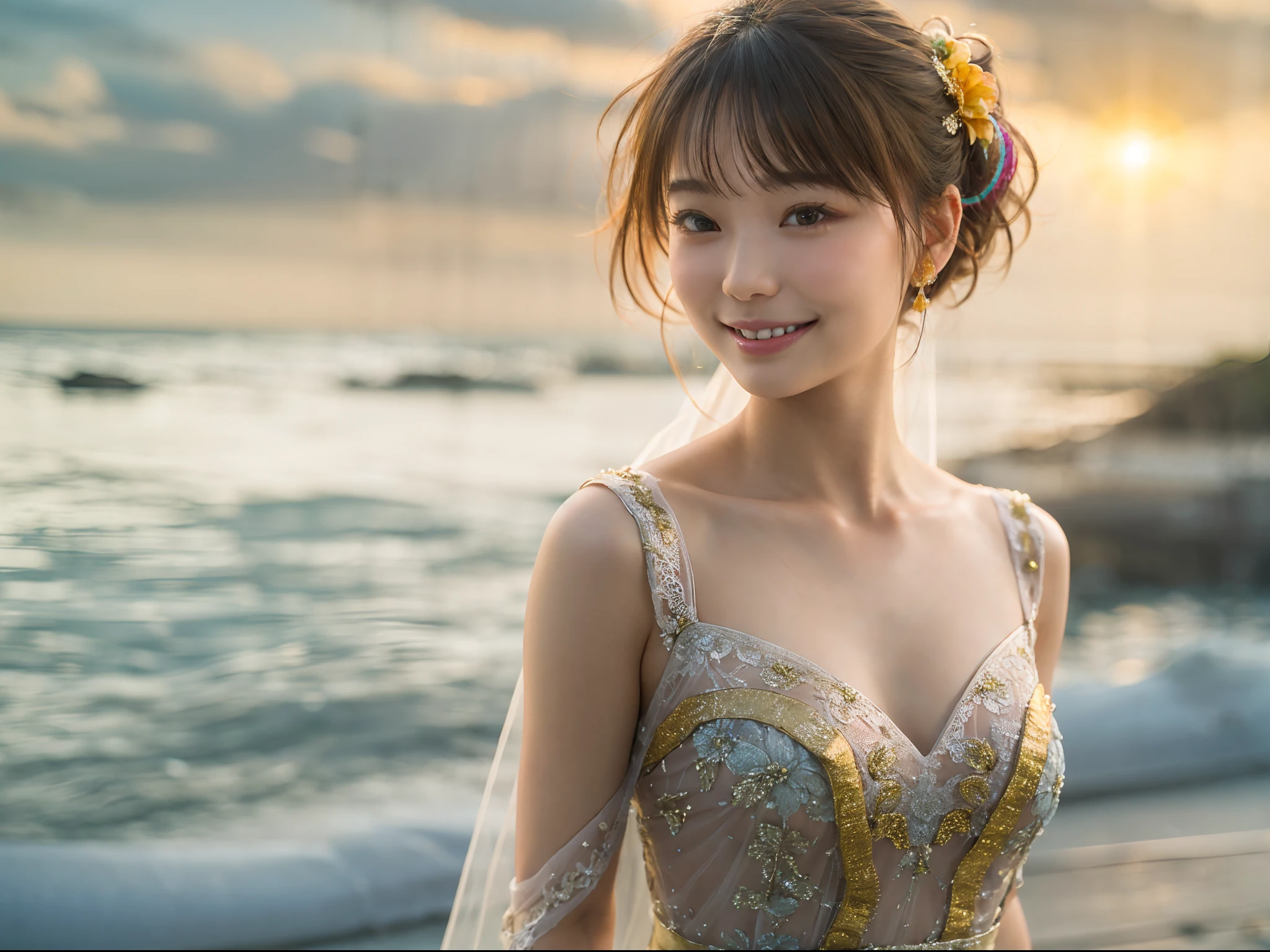 full body Esbian、((lensflare))、((Constricted waist circumference))、((Smiling)),((((27yo)))),(((Smaller bust))))、(((Colorful Wedding Dresses)))、(((Muscle feeling)))、(((photorealisim:6, realisitic)))、browny short hair、Wearing black-rimmed glasses、pale-skinned、looking at the viewers、the beach、coastline、the wind、vague、 8K UHD、Digital SLR、softlighting、hightquality、top-quality、超A high resolution、(Photorealsitic:1.4)、beautiful smiling face, Beautiful detailed sky, 电影灯光, depth of fields, Lens flare light、(A smile:1.15)、(Mouth closed)tiny chest、beautiful finely detailed eyes、Floating hair Nova frog style