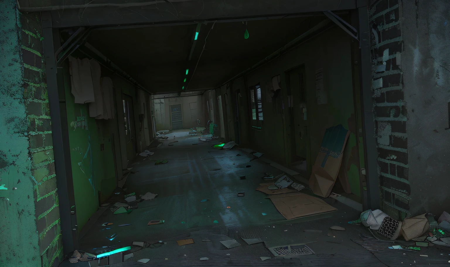 There is a long hallway with a green light in the middle, B - game, In the game, Location ( slum _ wallside ), In the game, background is a slum, boxes and trash in the background, Inside the gangster shelter, [[empty warehouse]] Background, Remastered chromatic aberration, ingame image, Screenshot of interior gameplay