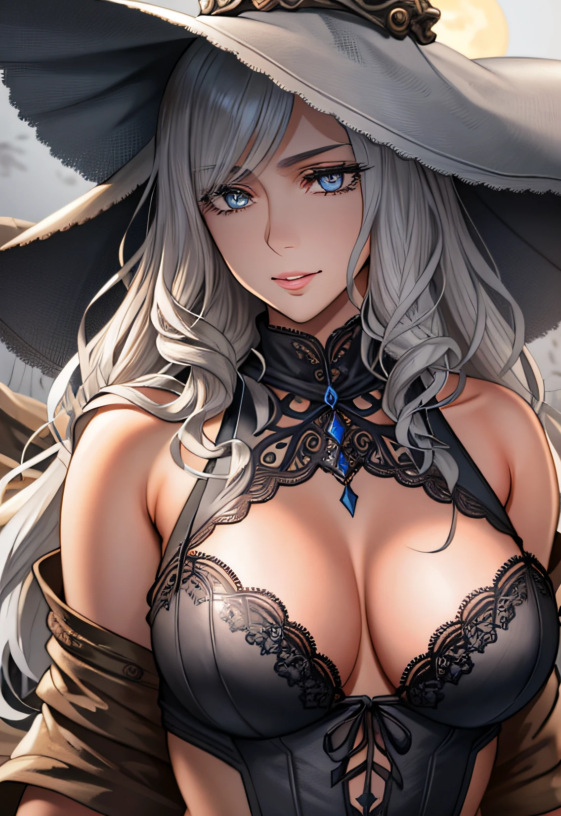 Masterpiece quality, high quality, intricate details, beautiful, magnificent quality, dynamic lighting, cinematic lighting, natural lighting, cinematic details, bloodborne, grim, dark, fantasy, horror, English Georgian era attire huntress, portrait, facing viewer, even eyes, hunter of beasts, friendly expression, beautiful even eyes, beautiful eyelashes, dirty grey and brown leather attire, Moonlit night, lively skin, beautiful, woman, long wavy hair, age 25 armpit hair, beautiful smile, excessive pubic hair