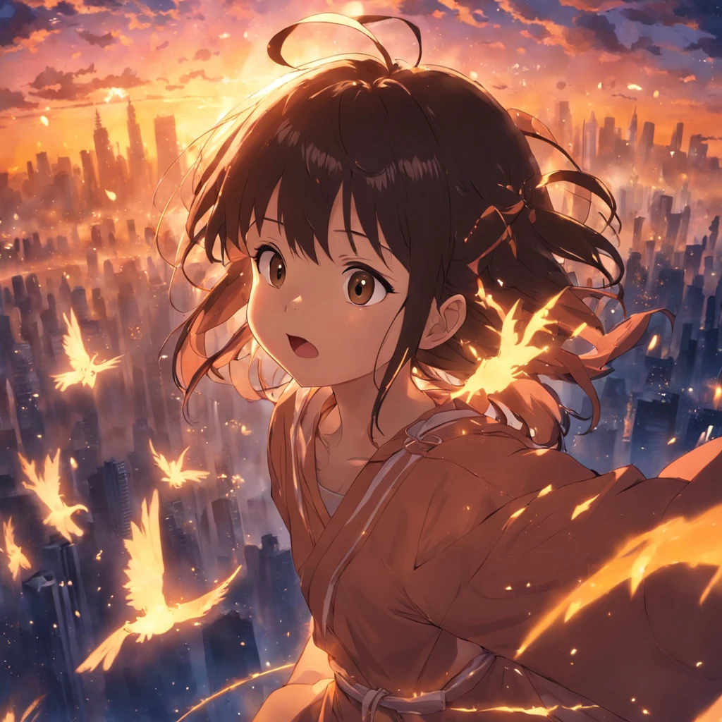 obra-prima, melhor qualidade, filme ainda, 1st grade, Cidade do , floating into the sky, Close-up, brilhante, Feliz, Soft lighting and Warm, sun sunset, (Sparks: 0,7)