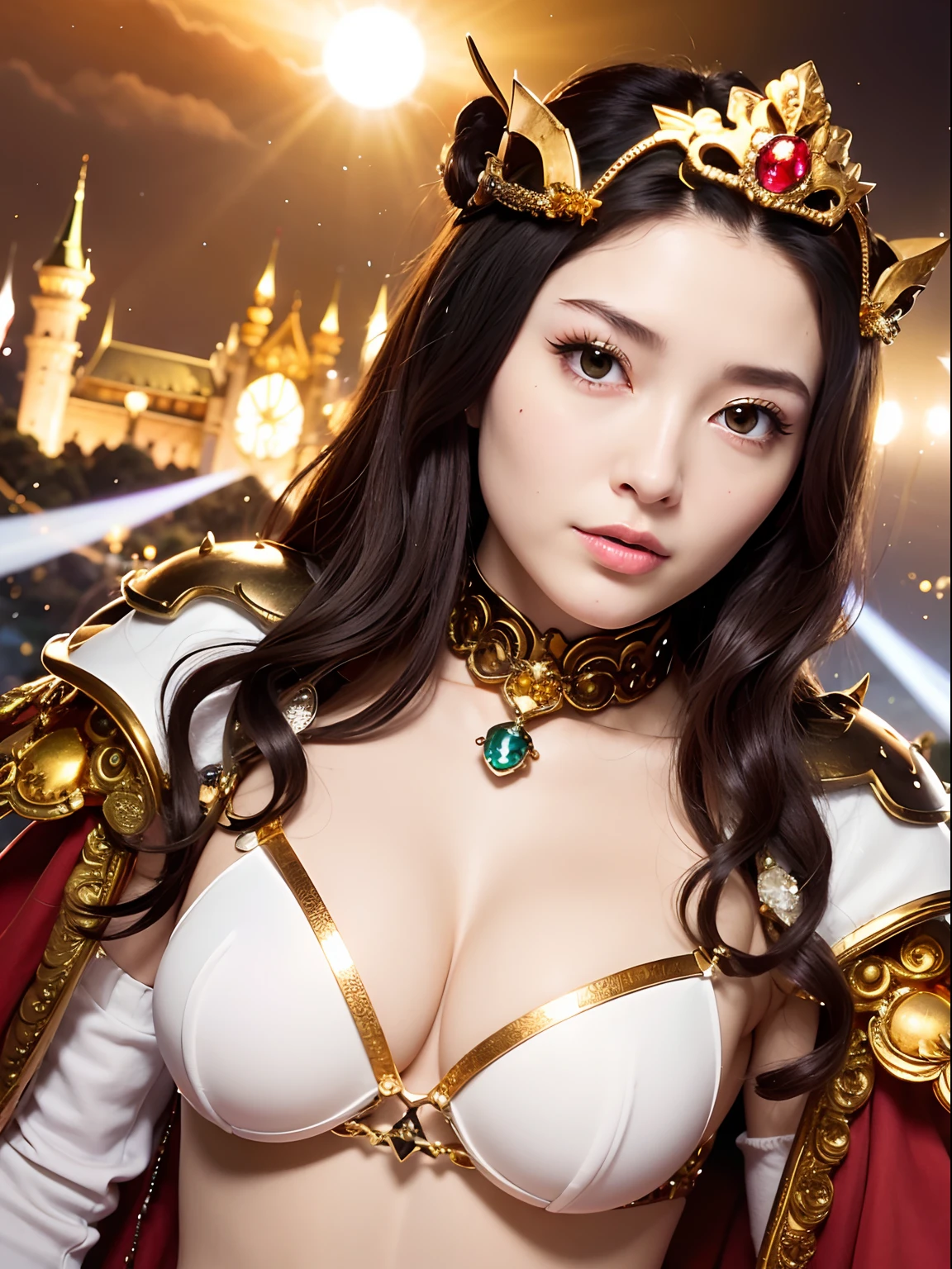 (masutepiece), Professional , ​masterpiece、top-quality、photos realistic , depth of fields （Gemstone Silver Metal Body:1.９),(Matte White、Particles of light、Jewel Gold Weapon、（Gorgeous castle background）、（White Micro Bikini）（Jewel Metal Body:1.４),（Gorgeous Jewel Metal Weapons） , Detailed Sword of the Brave ,（ The dragon）   ,warhammer 40k , adepta sororitas,Detail and ornate jewel crown、独奏、Black hair、（Gangle's forest background）、Beautiful Caucasian beauty、１a person、dynamic ungle,(((Diamond tiara with detail and luxury)))、a small face、A smile、Powerful poses、（Gorgeous castle background）、huge-breasted、20 year old beautiful woman、Stand in the center of the screen、Thin female fingers、Smaller head、Glamorous body、