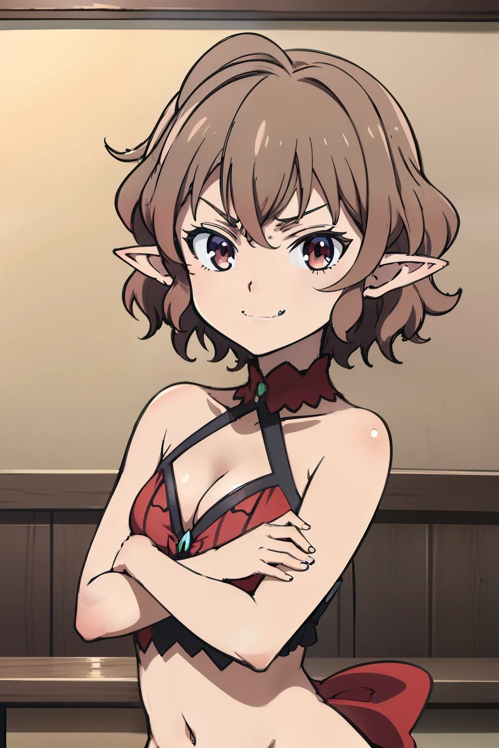 Anime character , Detailed , sketchy artstyle, smug smirk, vampire fangs, Elf's ears, short red curly hair, (Flat Breast:1.2),