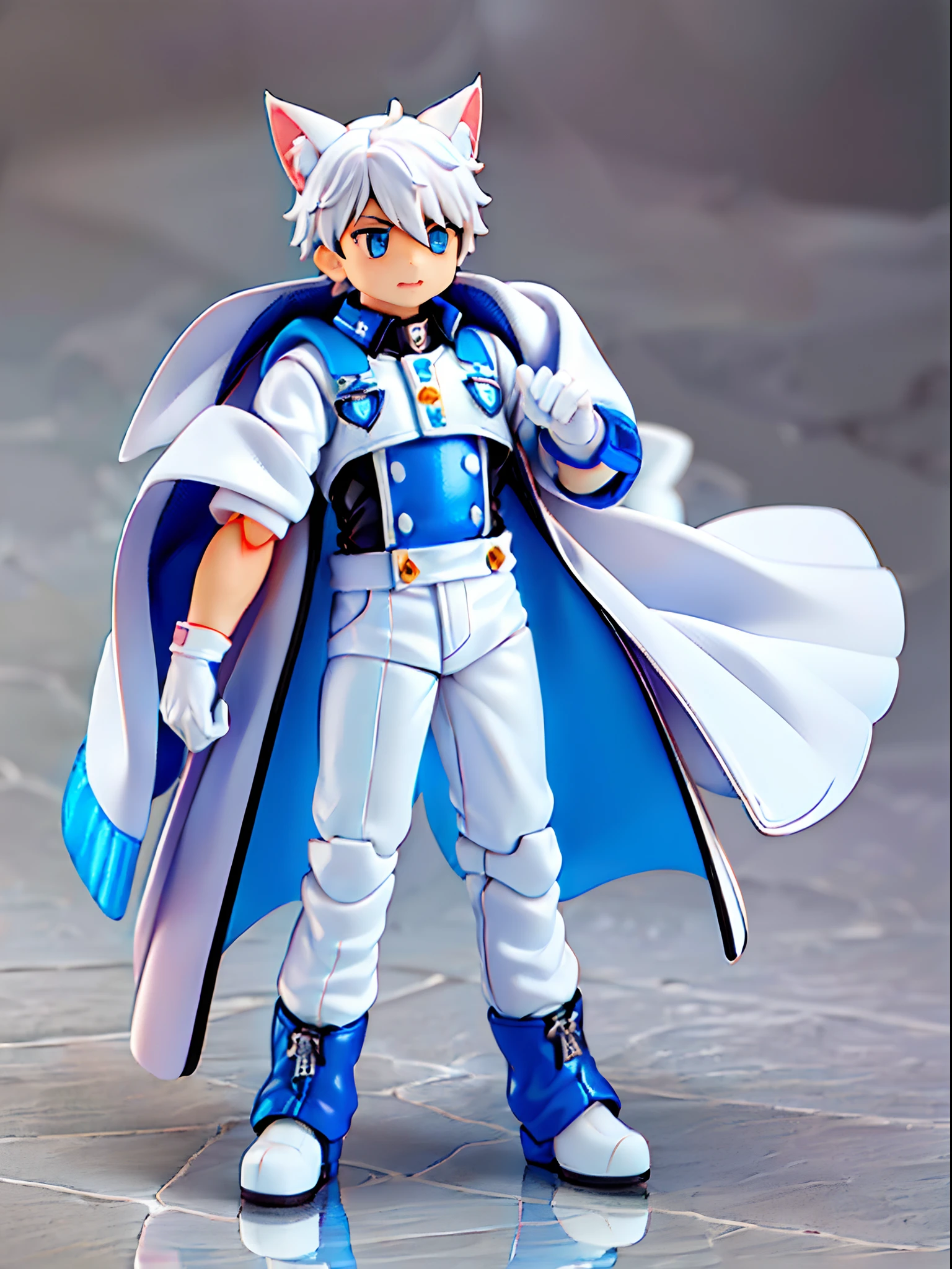 ((younge boy)), Wolf ears, Locomotive goggles, White-blue jumpsuit, White gloves, Racing boots, ,tchibi, blindbox，Clay texture,  Best quality,a 3D render, Best quality, Lots of detail, vinyl toy figurine