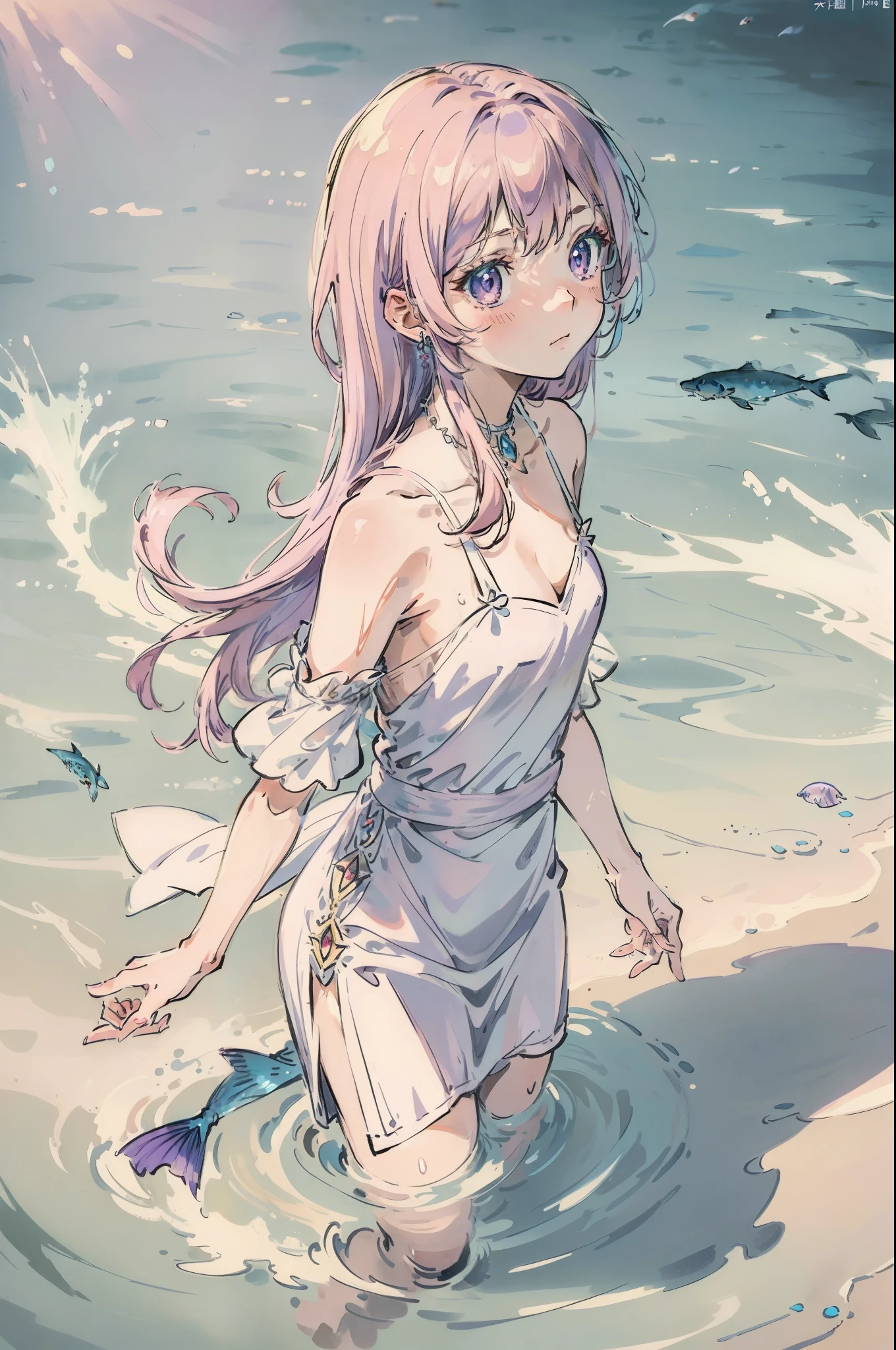 Light pink hair，Extra-long hair，Light purple eyes，The character is in the water，White dress，Shoulders exposed，jewelry，Contre-Jour，Light and shadow in the water，Flutter lightly，Flying，Small fish，Cinematic texture，