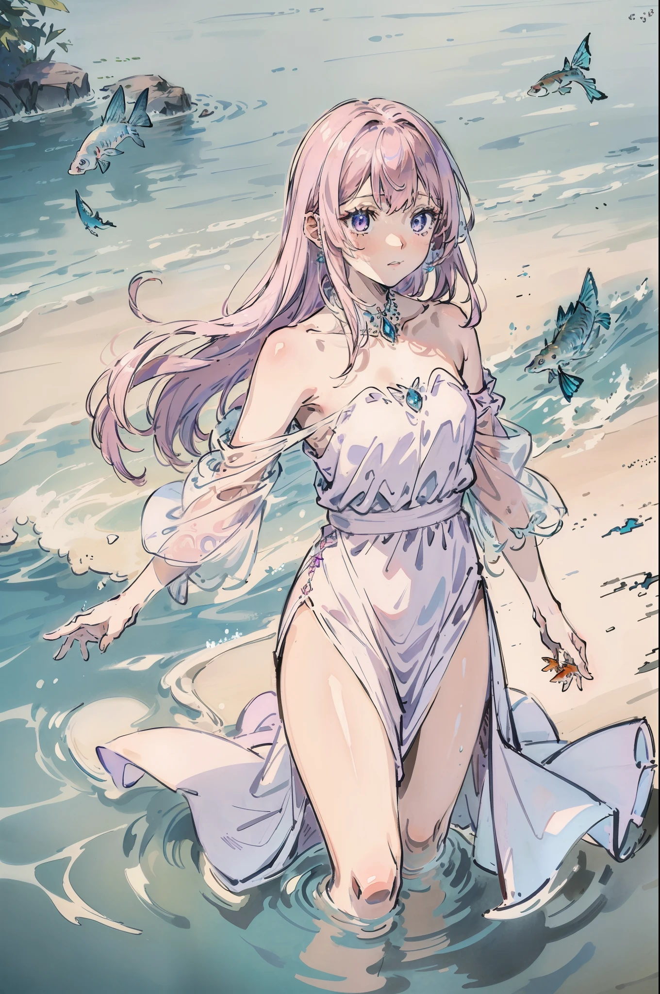 Light pink hair,Extra-long hair,Light purple eyes,The character is in the water,White dress,Shoulders exposed,jewelry,Contre-Jour,Light and shadow in the water,Flutter lightly,Flying,Small fish,Cinematic texture,