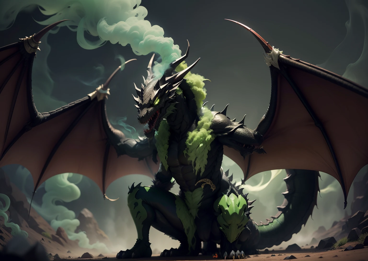 1Black dragon,adicionar veneno na boca, adicionar armadura prata, adicionar asas grandes, dentes afiados, Two paws on the ground, dragon's head, veneno verde, demonio, veneno verde, green smoke, Vapor verde, place covered with green smoke, veneno, acid, gosma,