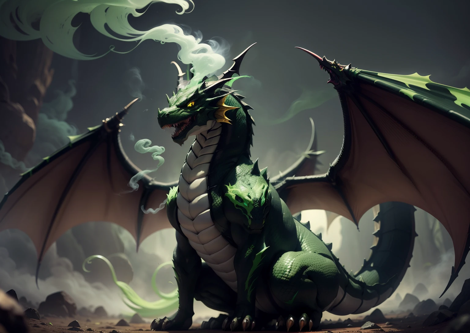 1Black dragon,adicionar veneno na boca, adicionar armadura prata, adicionar asas grandes, dentes afiados, Two paws on the ground, dragon's head, veneno verde, demonio, veneno verde, green smoke, Vapor verde, place covered with green smoke, veneno, acid, gosma,