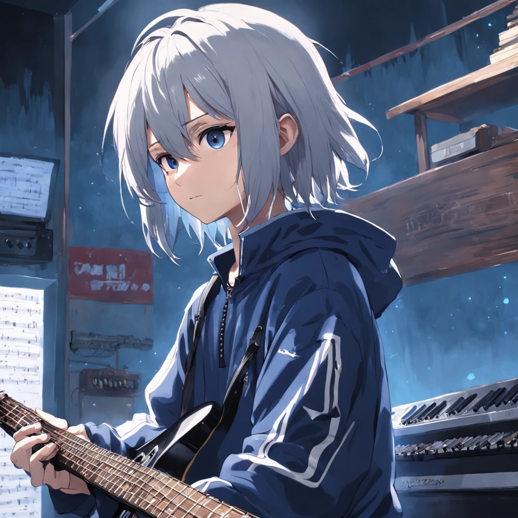 Best quality, Masterpiece, In the daytime, Inside the piano shop,(1 man:1.3),Silvery hair,short detailed hair,Messy hairstyle, Black eyes,Sad eyes,Blue and white tracksuit,Guitar in hand,Sit in the guitar shop,Hands fly fast and nimble on the guitar,Beat the guitar wantonly