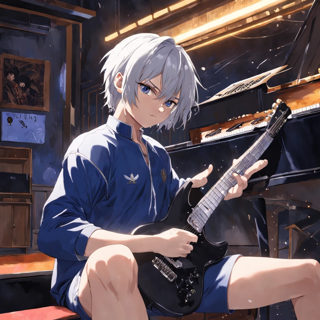 Best quality, Masterpiece, In the daytime, Inside the piano shop,(1 man:1.3),Silvery hair,short detailed hair,Messy hairstyle, Black eyes,Sad eyes,Blue and white tracksuit,Guitar in hand,Sit in the guitar shop,Hands fly fast and nimble on the guitar,Beat the guitar wantonly