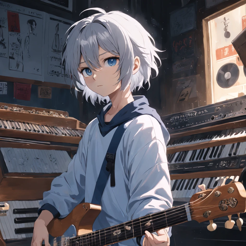 Best quality, Masterpiece, In the daytime, Inside the piano shop,(1 man:1.3),Silvery hair,short detailed hair,Messy hairstyle, Black eyes,Sad eyes,Blue and white tracksuit,Guitar in hand,Sit in the guitar shop,Hands fly fast and nimble on the guitar,Beat the guitar wantonly