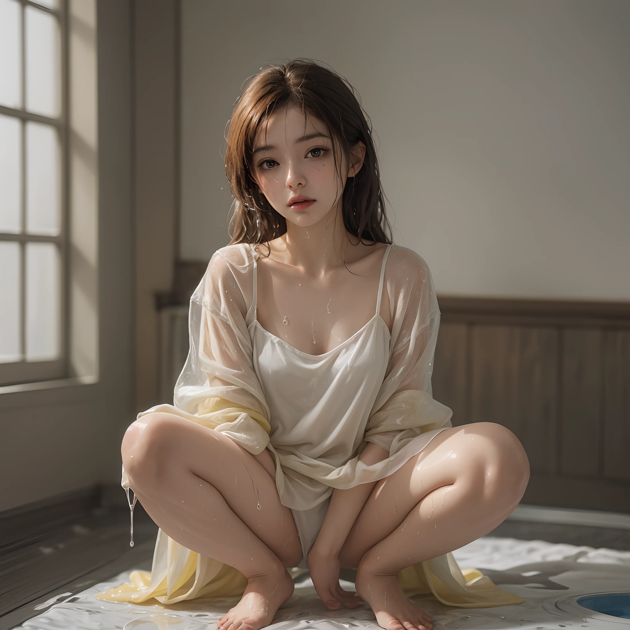 8K, Ultra Detail, Ultra Realistic, HDR, f2.0,2girls, Full body shot, , Child figurell, cute, Squatting, Exhibitionism, Thin legs, Thrusting waist, in bed, bedsheets, Thin, redhead, wet skin, shiny white skin, cloudy yellow liquid all over the body, a large amount of yellow liquid on the crotch, chest and face, wet, very long nightgown, pool, wet spots