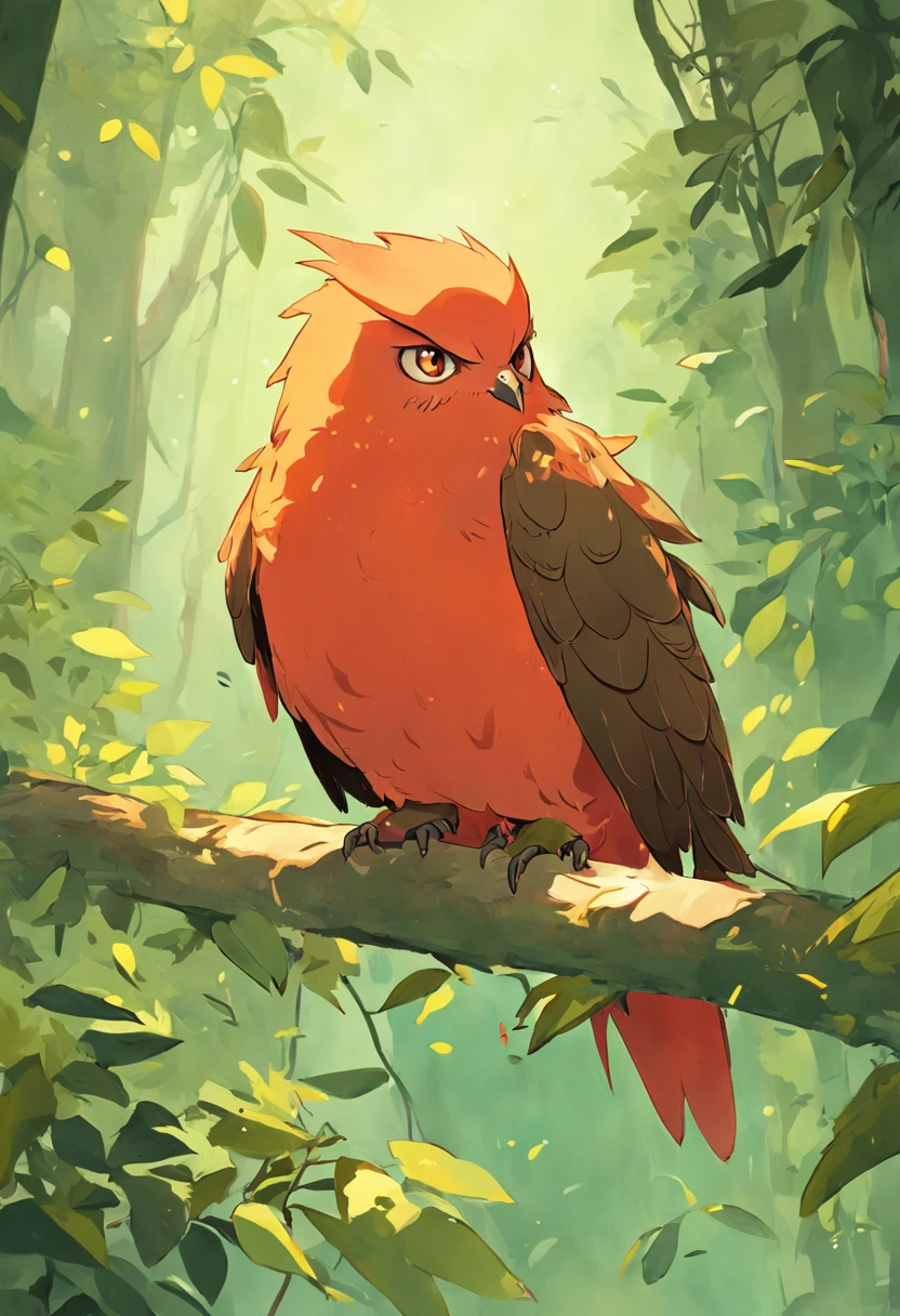 There is a red howling bird sitting on a branch with a green background, rare bird in the jungle, red bird, Fiery bird, muitas vezes descrito como flame-like, colored birds, avian, cor vermelha e laranja, cores brilhantes, colorful bird with a long, plumagem colorida, esmeralda escarlate, olhar inocente. ricas cores vivas, Cor vermelha, rich coloration, very colorful are standing on a path in the forest with flowers, painting digital adorable, arte digital detalhada bonito, cute storybook illustration, loish e wlop, incandescentes, Directed by: Caroline Chariot-Dayez, owl studio and j.Dickenson, the wisest of all owls, Arte infantil em Artstation, Wlop e Ross Thran