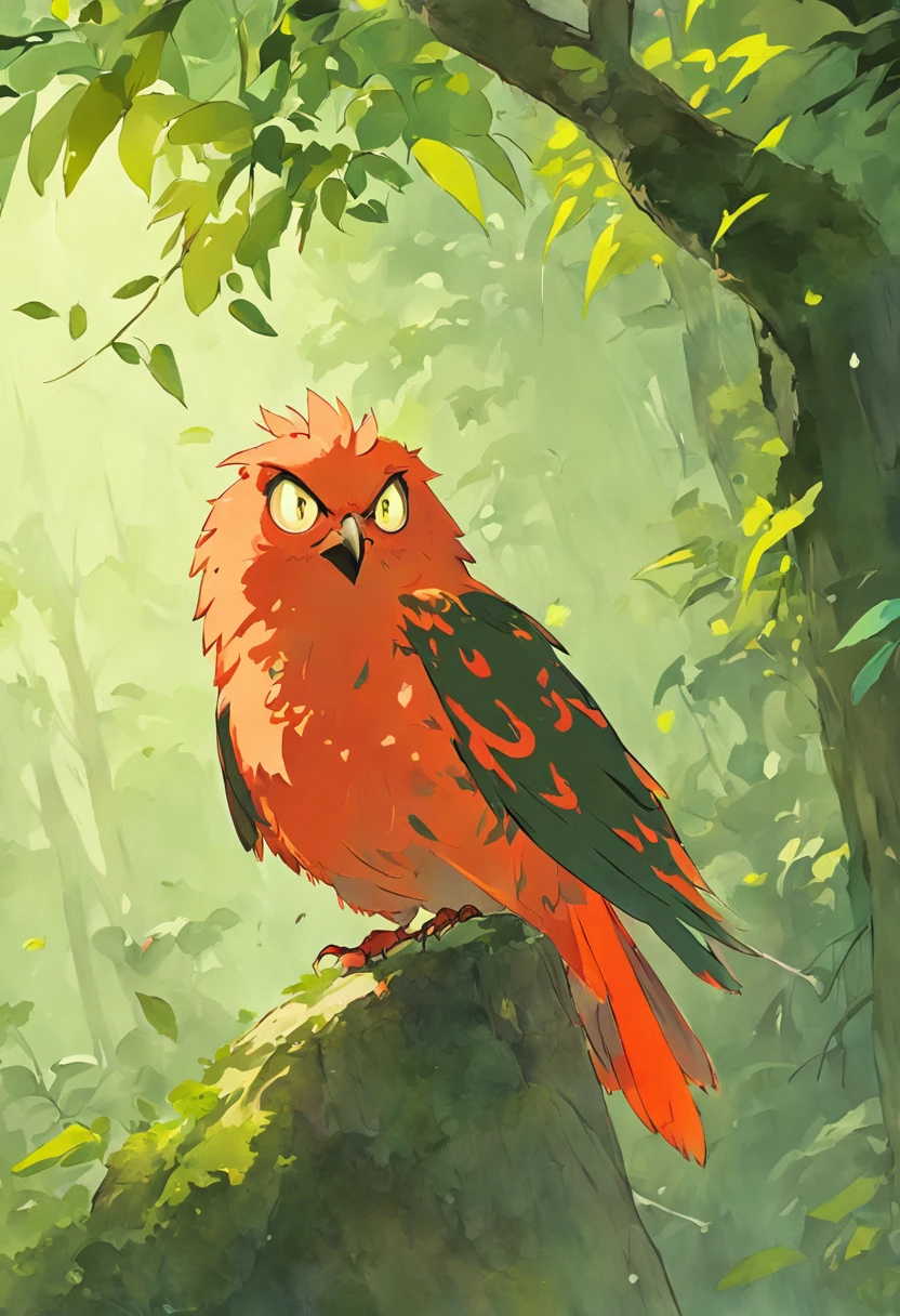 There is a red howling bird sitting on a branch with a green background, rare bird in the jungle, red bird, Fiery bird, muitas vezes descrito como flame-like, colored birds, avian, cor vermelha e laranja, cores brilhantes, colorful bird with a long, plumagem colorida, esmeralda escarlate, olhar inocente. ricas cores vivas, Cor vermelha, rich coloration, very colorful are standing on a path in the forest with flowers, painting digital adorable, arte digital detalhada bonito, cute storybook illustration, loish e wlop, incandescentes, Directed by: Caroline Chariot-Dayez, owl studio and j.Dickenson, the wisest of all owls, Arte infantil em Artstation, Wlop e Ross Thran