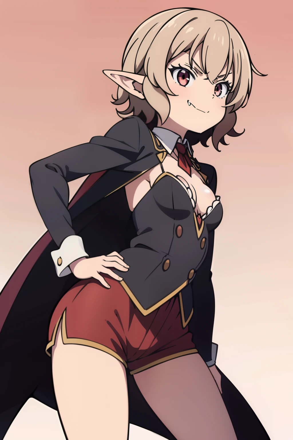Anime character, higly detailed, sketchy artstyle, smug smirk, vampire fangs, Elf's ears, short red curly hair, (Flat Breast:1.2), tailcoat, Short shorts, Full-length