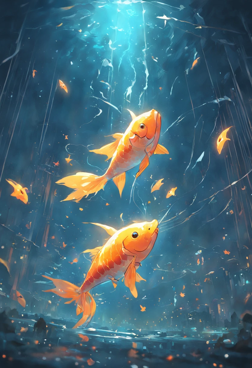 Stars shine，Colorful，Huge goldfish float over the city，Cute and cute，KIDS ILLUSTRATION，Glow effects，Dingdall effect，depth of fields，high light，Real light，Ray traching，oc rendered，Hyper-realistic，best qualtiy，8K，Works of masters，super-fine，Detailed pubic hair，Correct anatomy