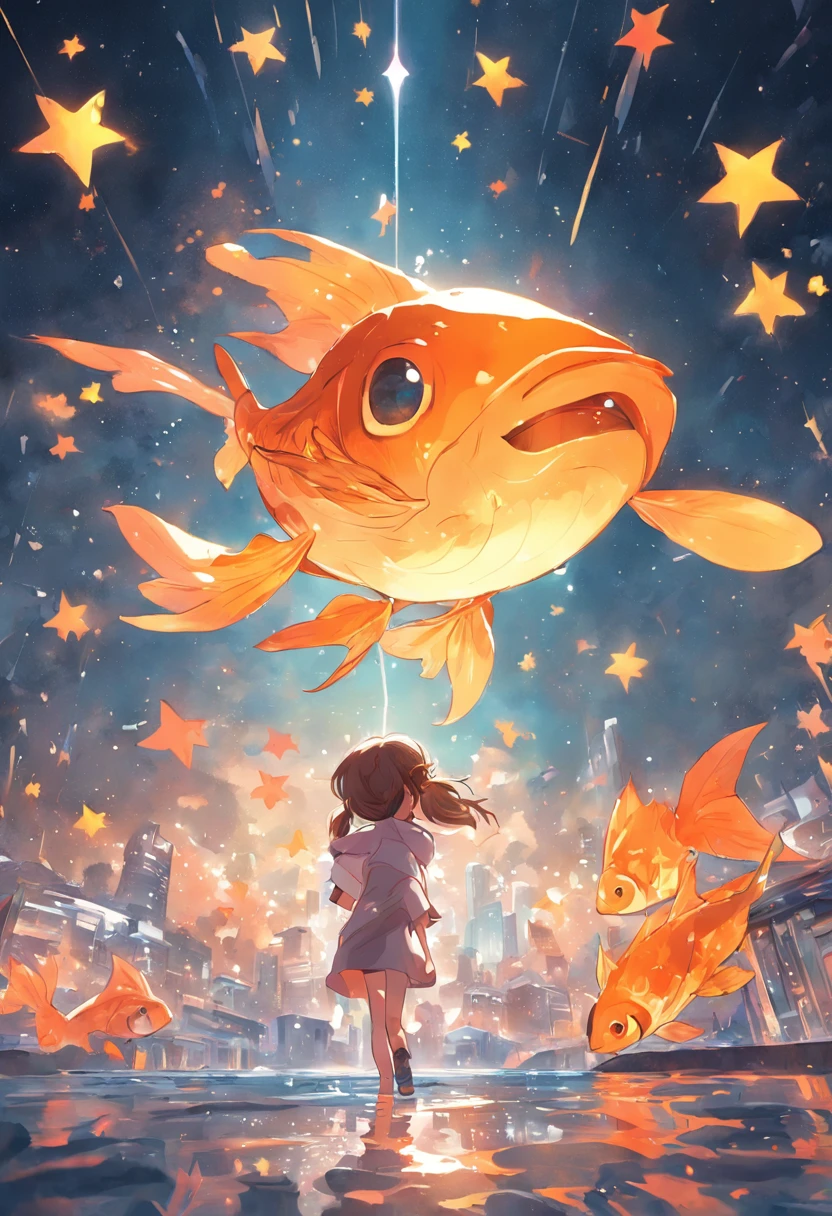 Stars shine,Colorful,Huge goldfish float over the city,Cute and cute,KIDS ILLUSTRATION,Glow effects,Dingdall effect,depth of fields,high light,Real light,Ray traching,oc rendered,Hyper-realistic,best qualtiy,8K,Works of masters,super-fine,Detailed pubic hair,Correct anatomy