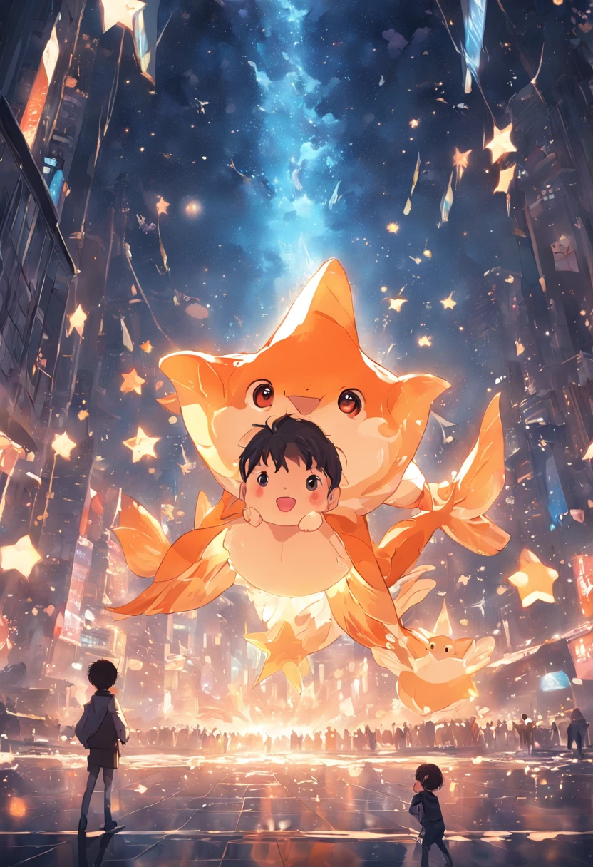 Stars shine,Colorful,Huge goldfish float over the city,Cute and cute,KIDS ILLUSTRATION,Glow effects,Dingdall effect,depth of fields,high light,Real light,Ray traching,oc rendered,Hyper-realistic,best qualtiy,8K,Works of masters,super-fine,Detailed pubic hair,Correct anatomy