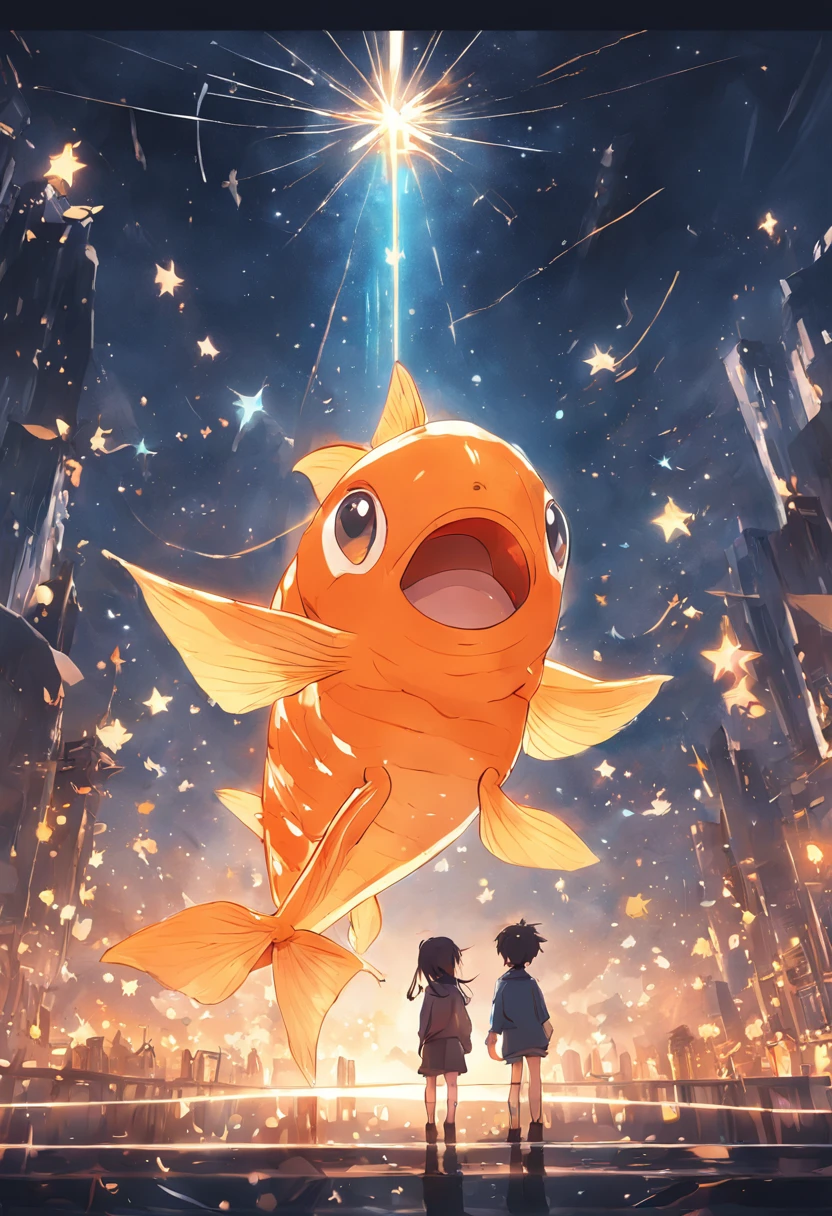 Stars shine,Colorful,Huge goldfish float over the city,Huge tail,Cute and cute,KIDS ILLUSTRATION,Glow effects,Dingdall effect,depth of fields,high light,Real light,Ray traching,oc rendered,Hyper-realistic,best qualtiy,8K,Works of masters,super-fine,Detailed pubic hair,Correct anatomy