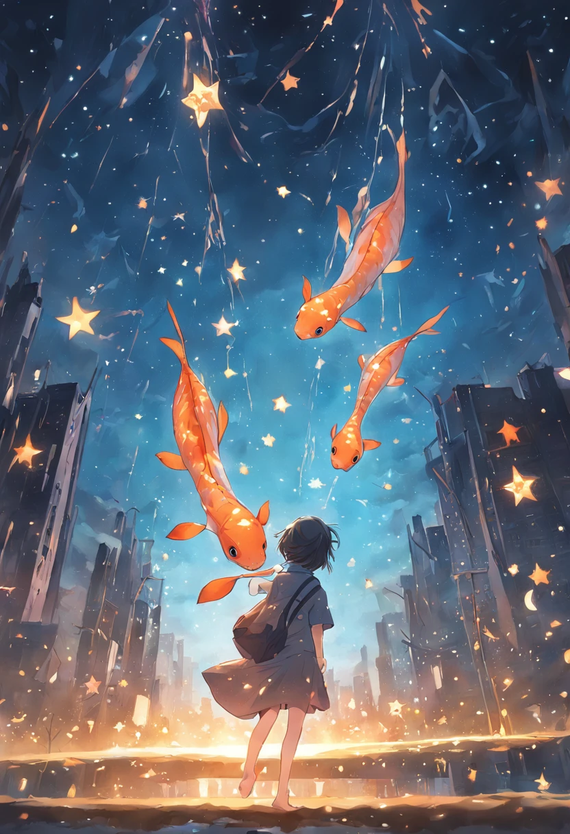 Stars shine,Colorful,Huge goldfish float over the city,Huge tail,Cute and cute,KIDS ILLUSTRATION,Glow effects,Dingdall effect,depth of fields,high light,Real light,Ray traching,oc rendered,Hyper-realistic,best qualtiy,8K,Works of masters,super-fine,Detailed pubic hair,Correct anatomy